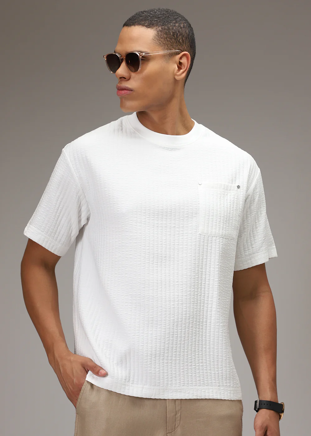 White Plain Textured Oversized T-shirt - Image 6