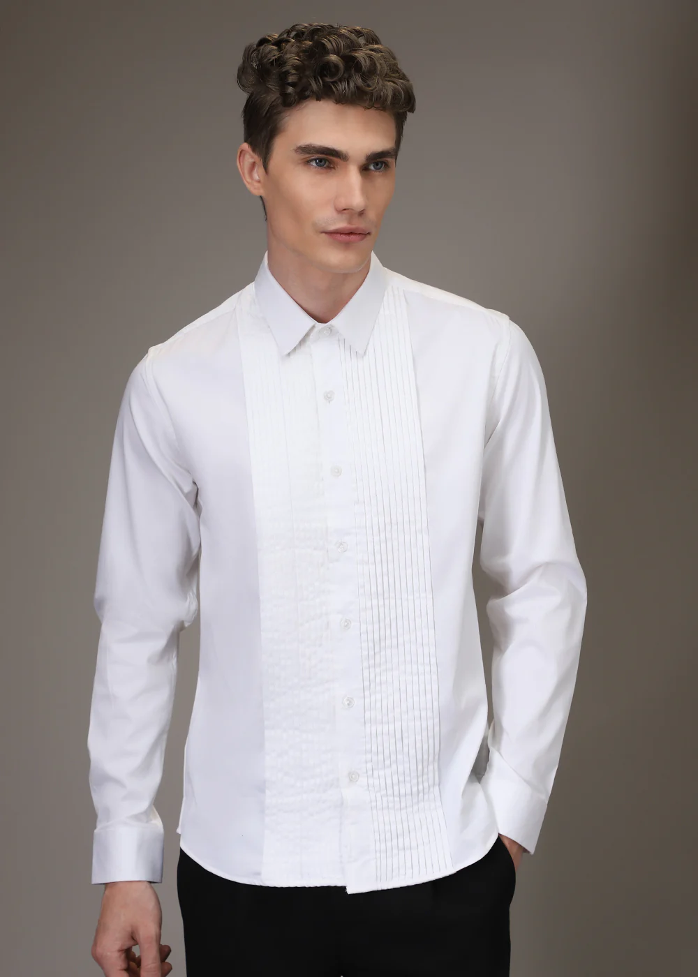 White Pleated Designer Shirt - Image 3