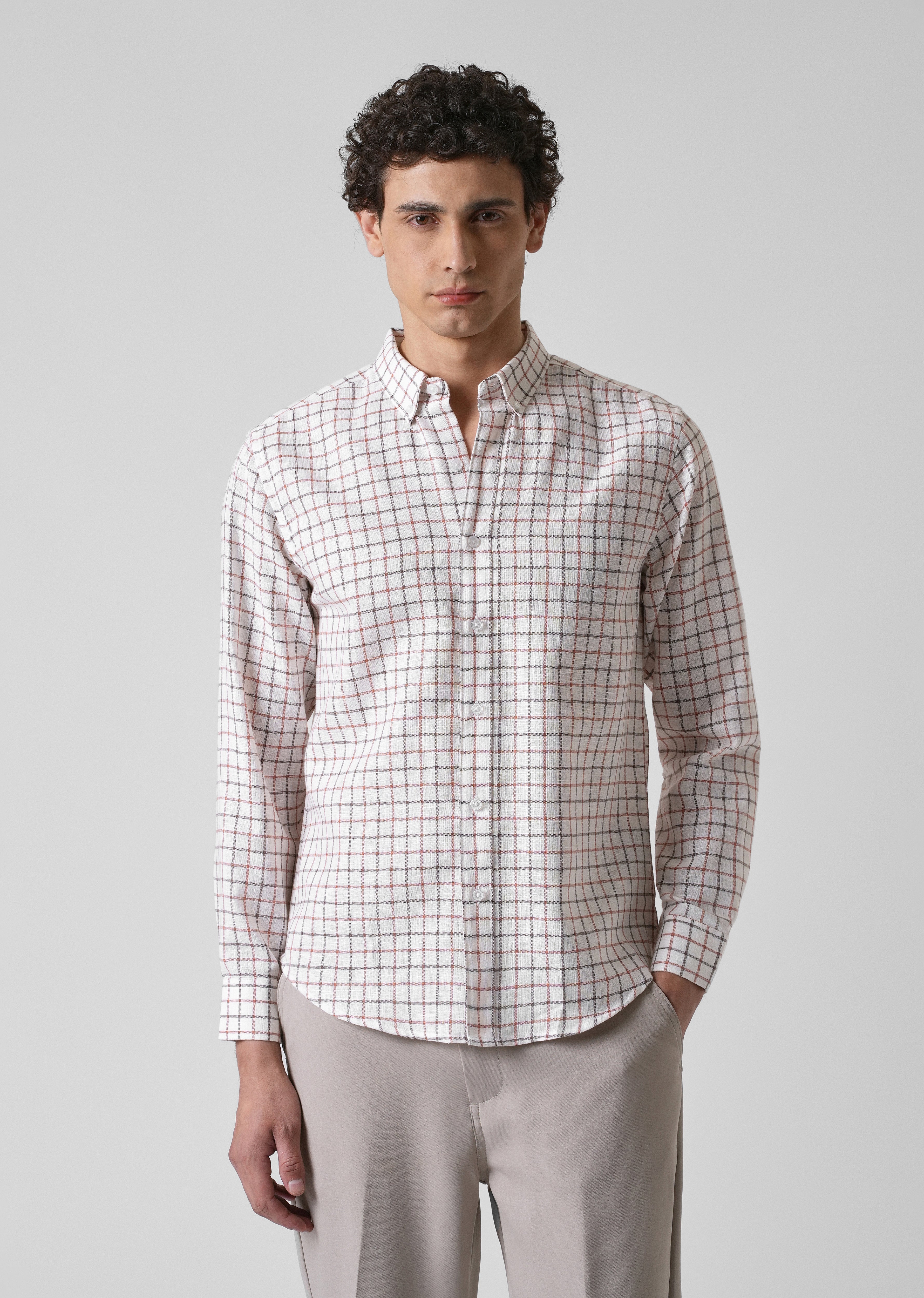 White Red Blended Cotton Check Shirt - Image 3