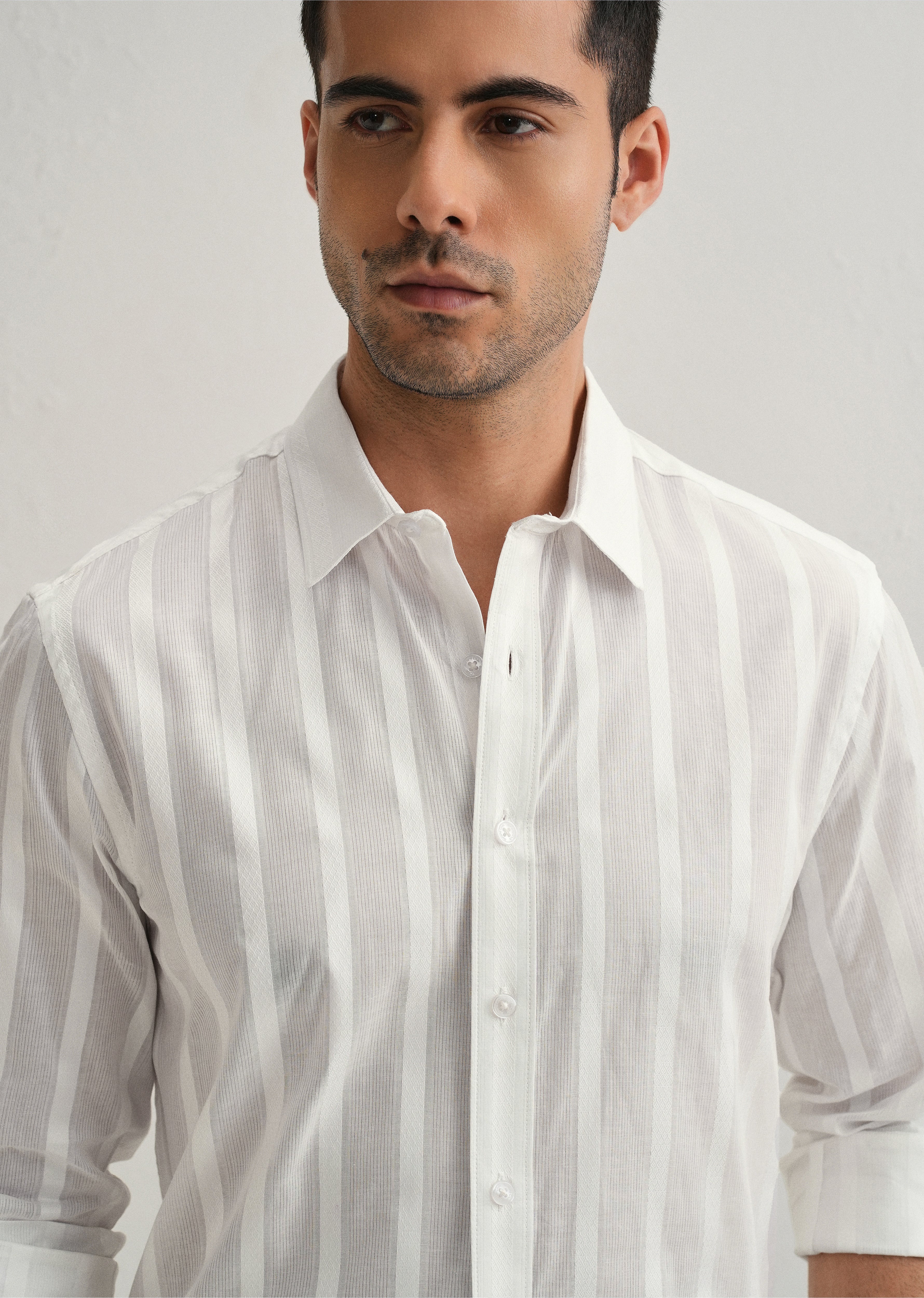 White Self Pattern Blended Cotton Shirt - Image 5