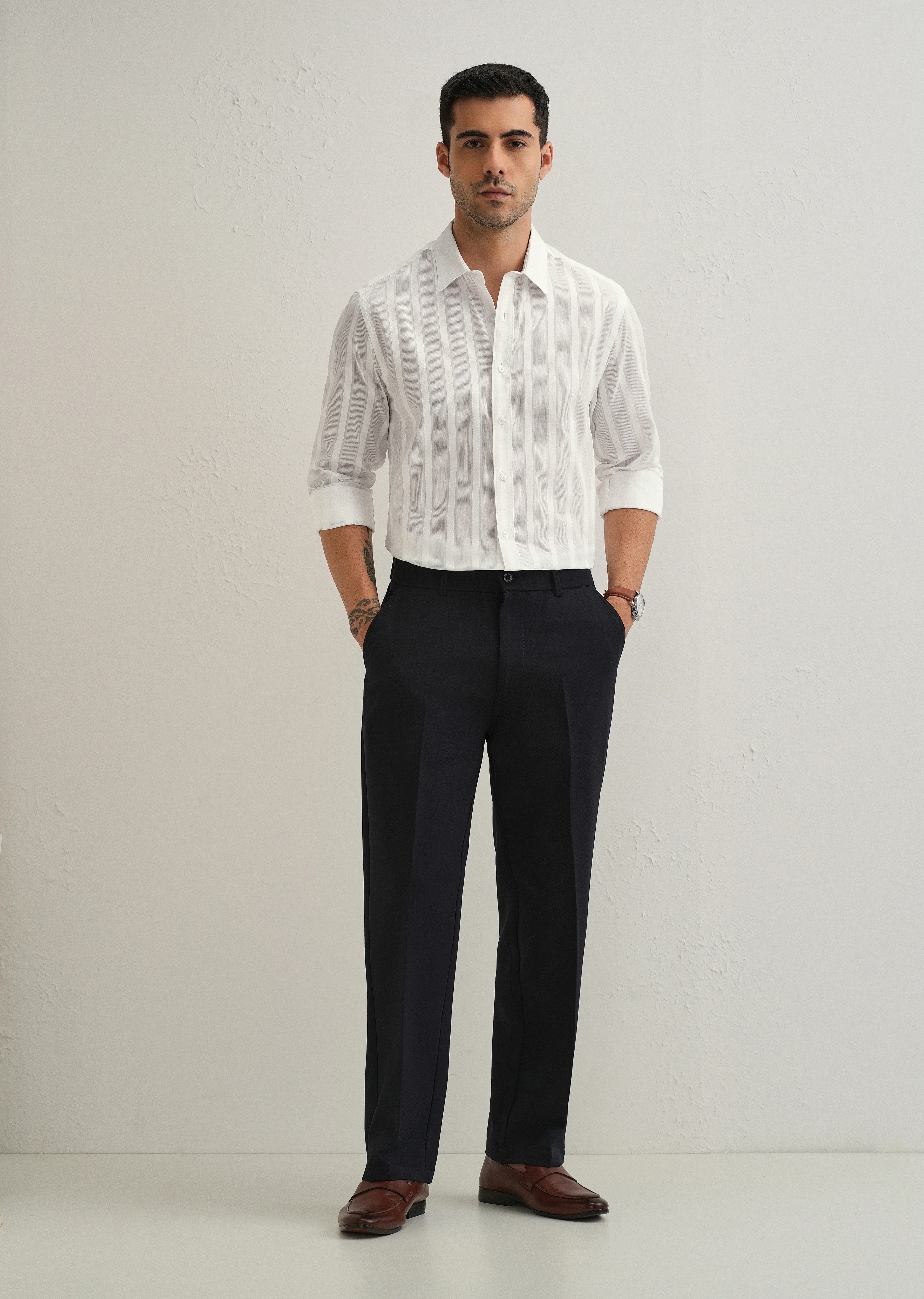 White Self Pattern Blended Cotton Shirt - Image 6