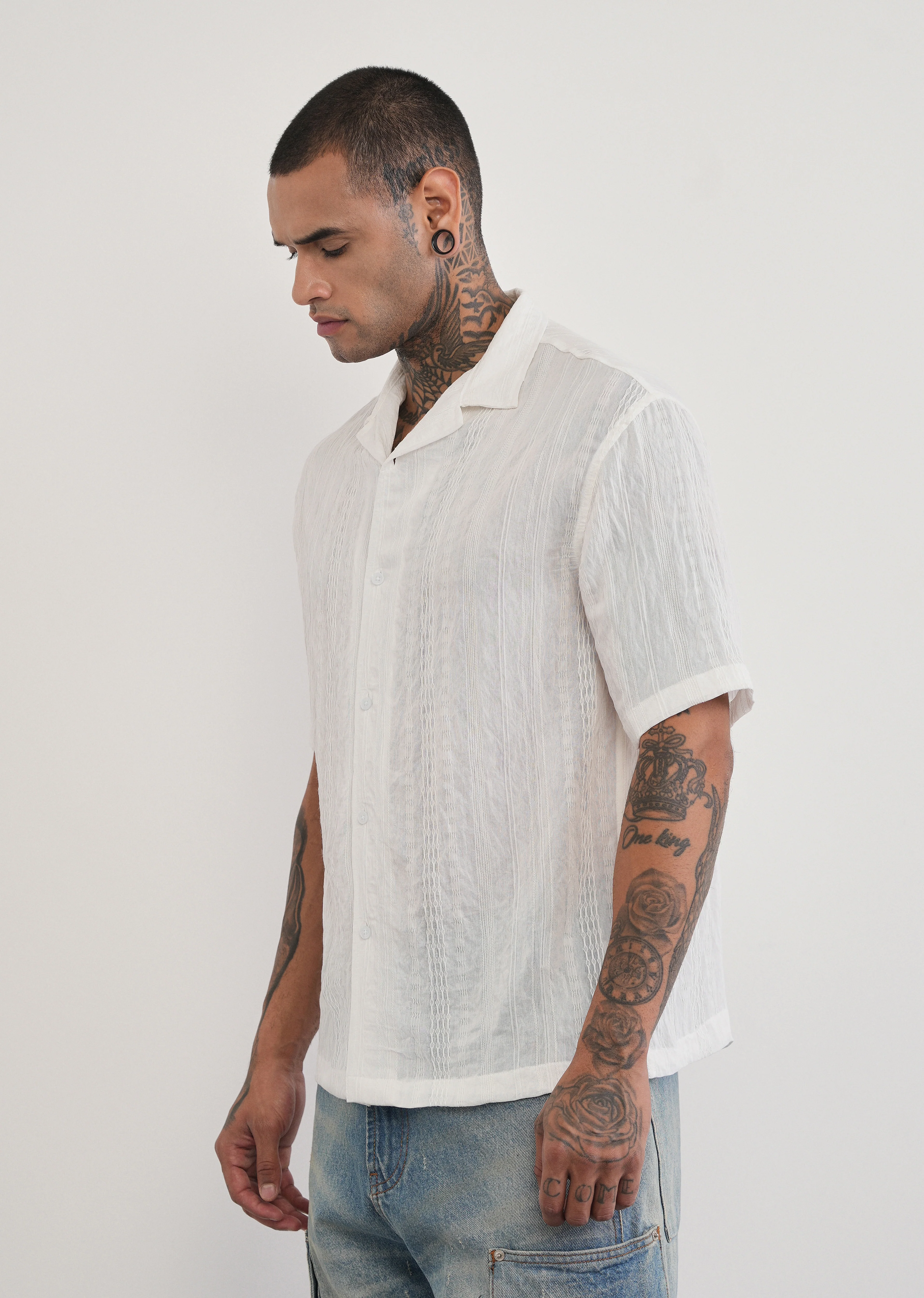 White Self Patterned Shirt - Image 4