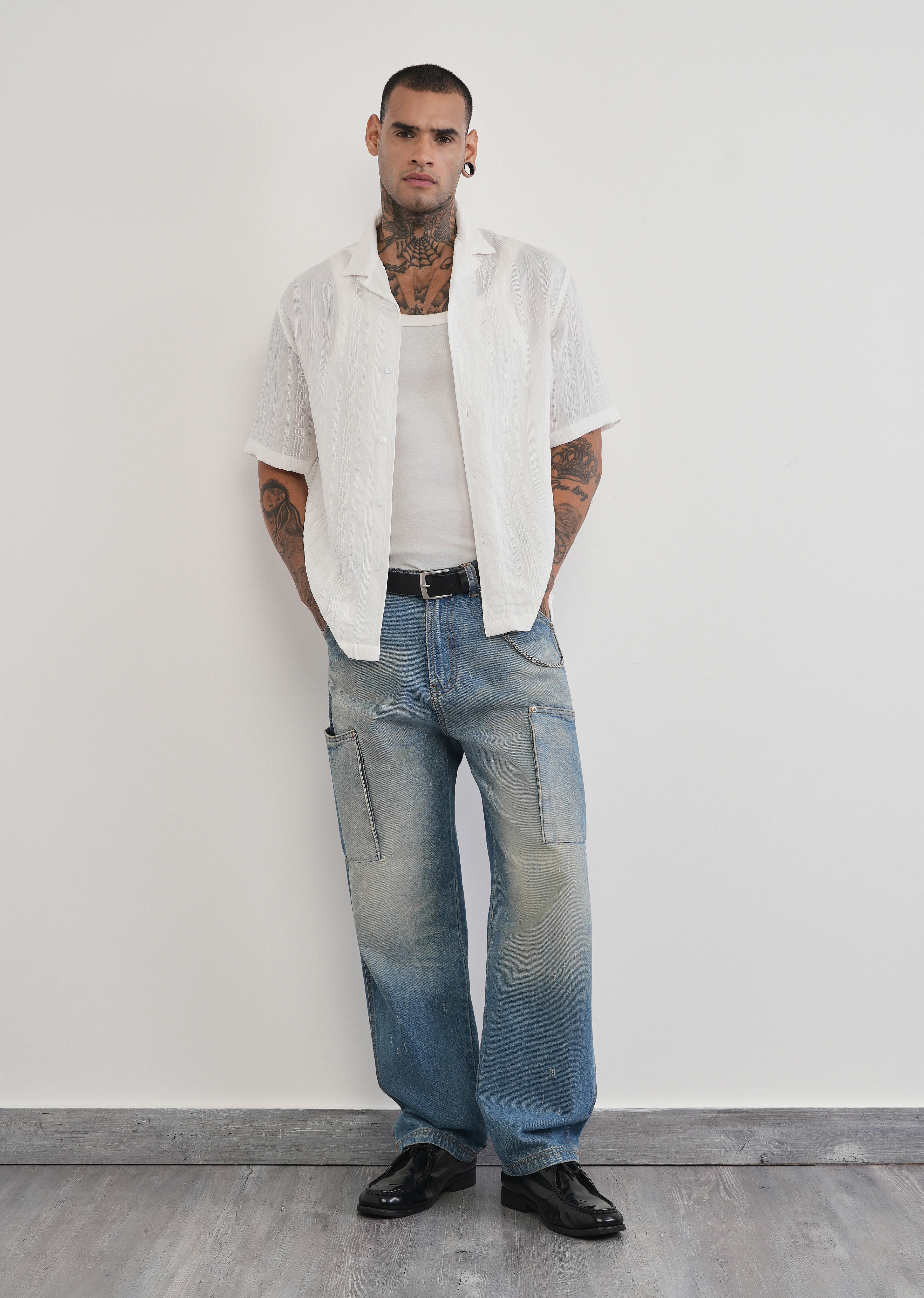 White Self Patterned Shirt - Image 6