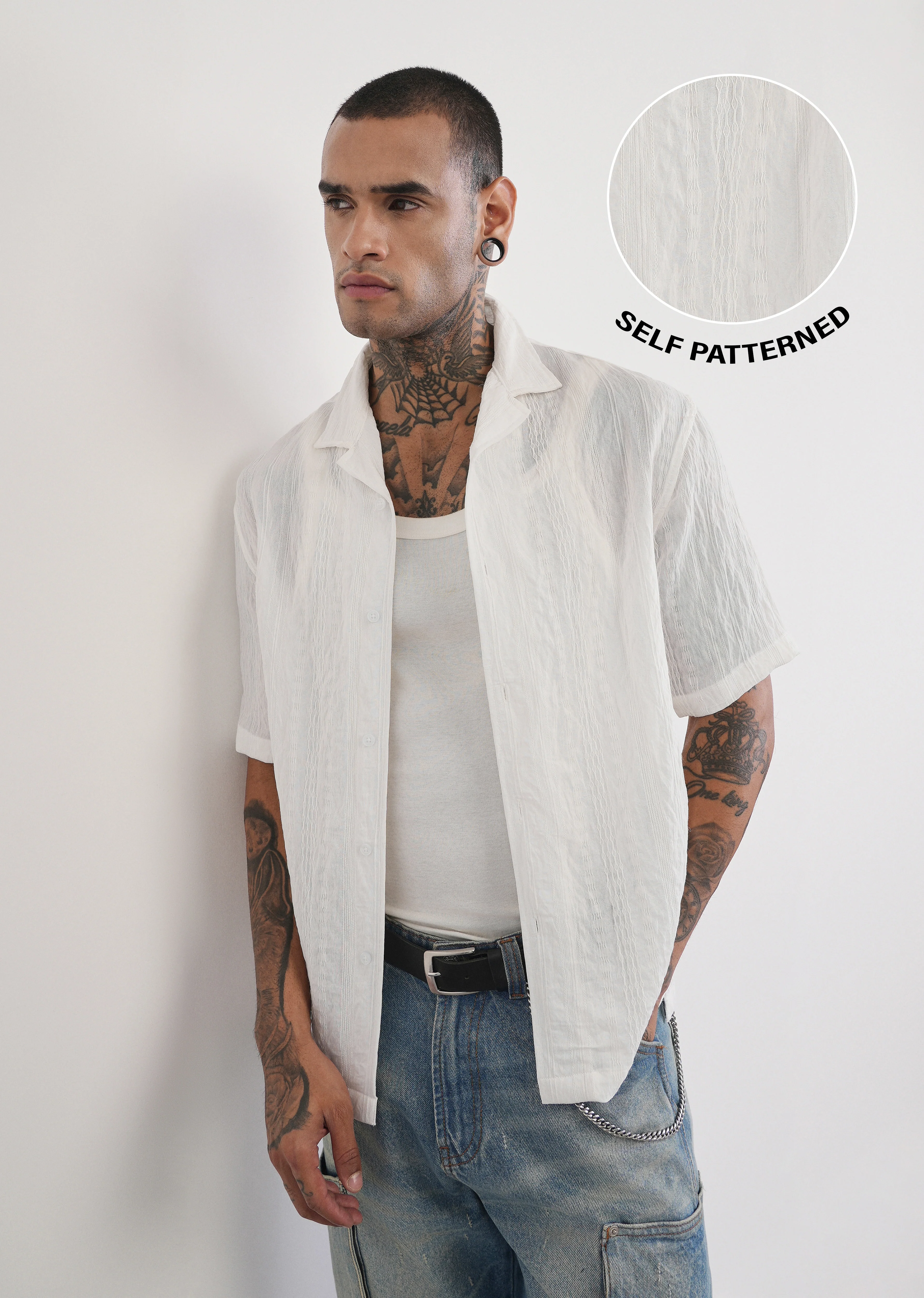 White Self Patterned Shirt - Image 7
