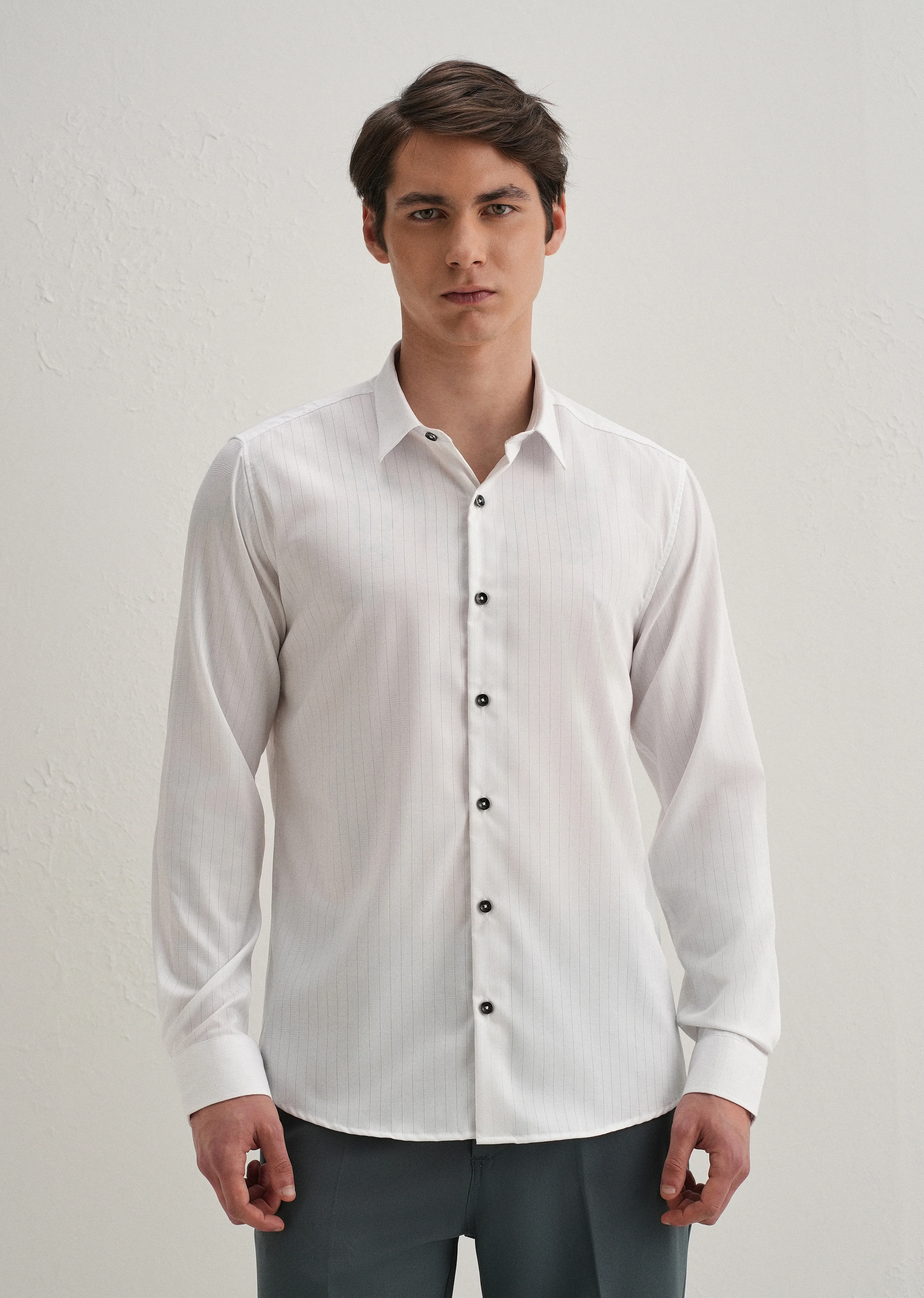 White Self Striped Plain Shirt - Image 3