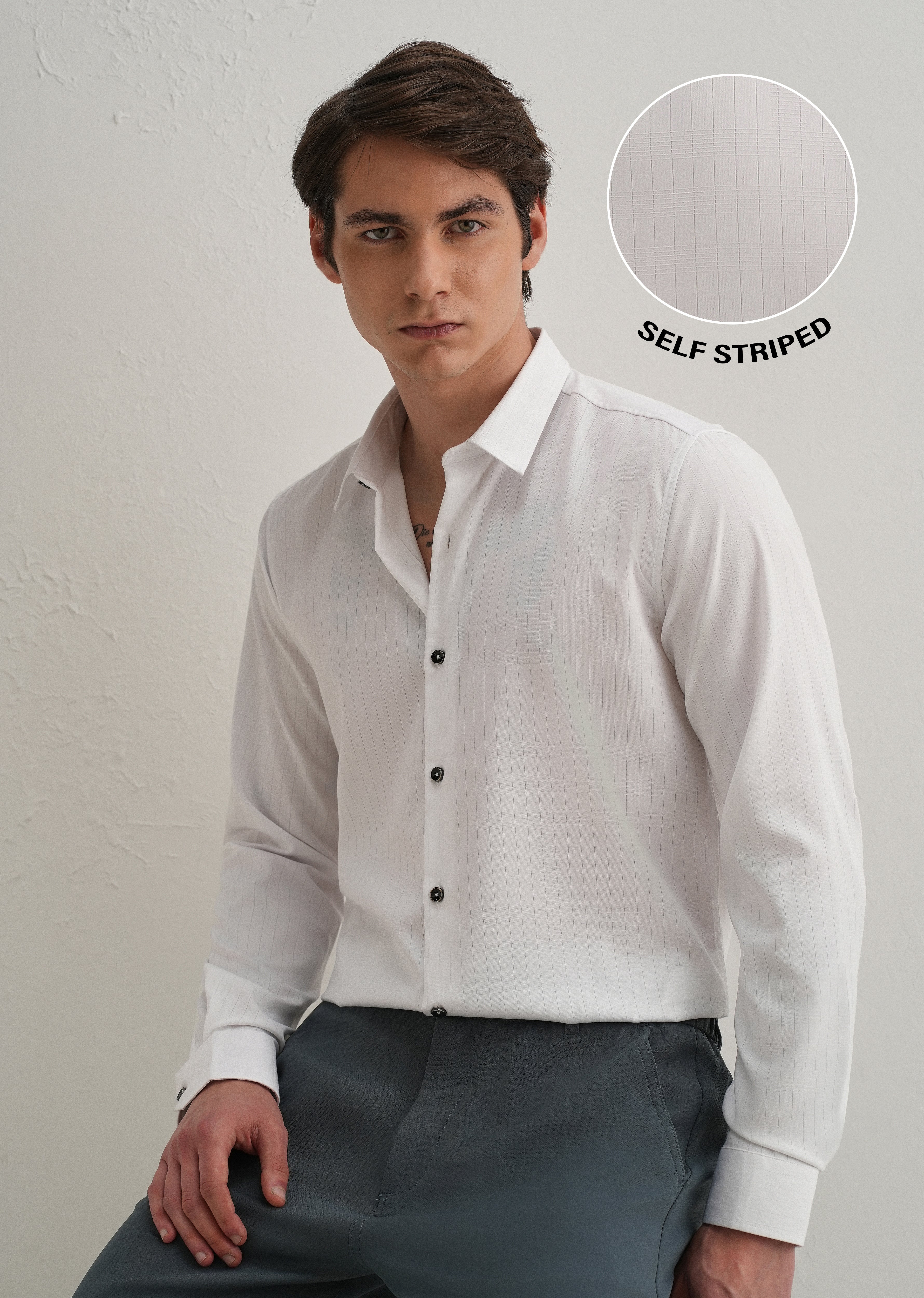 White Self Striped Plain Shirt - Image 7