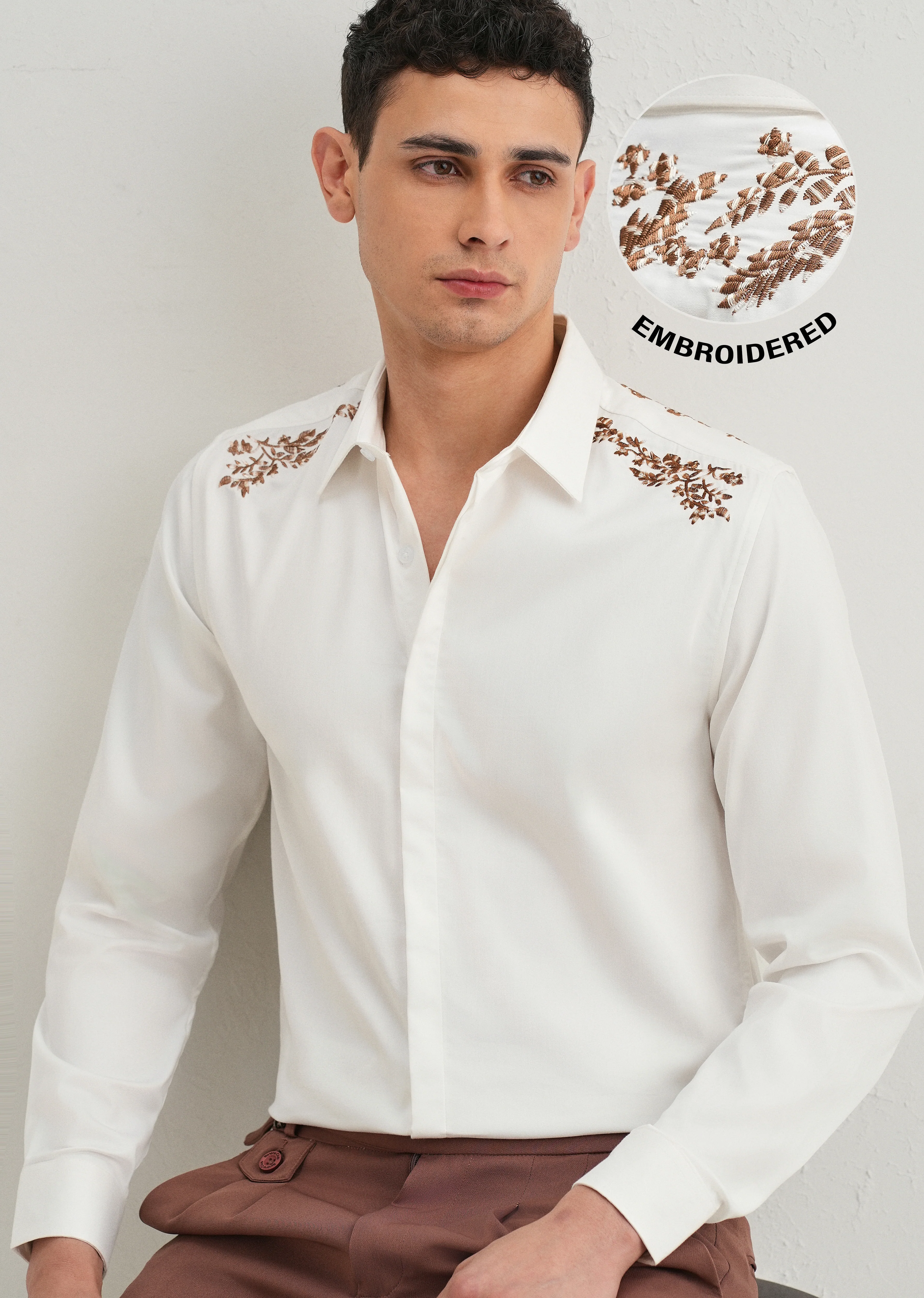 White Shoulder Embroidery Designer Shirt - Image 10