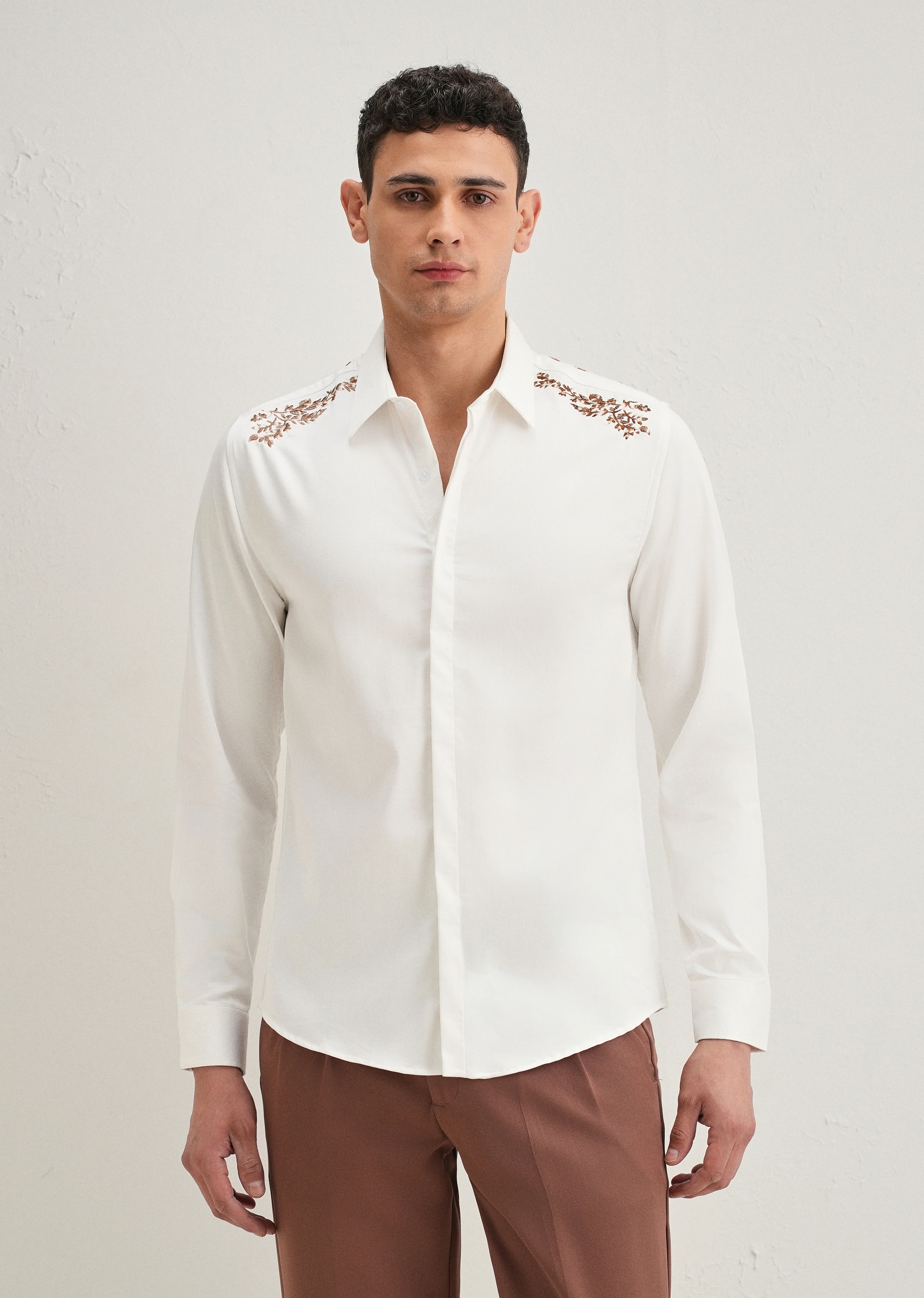 White Shoulder Embroidery Designer Shirt - Image 5