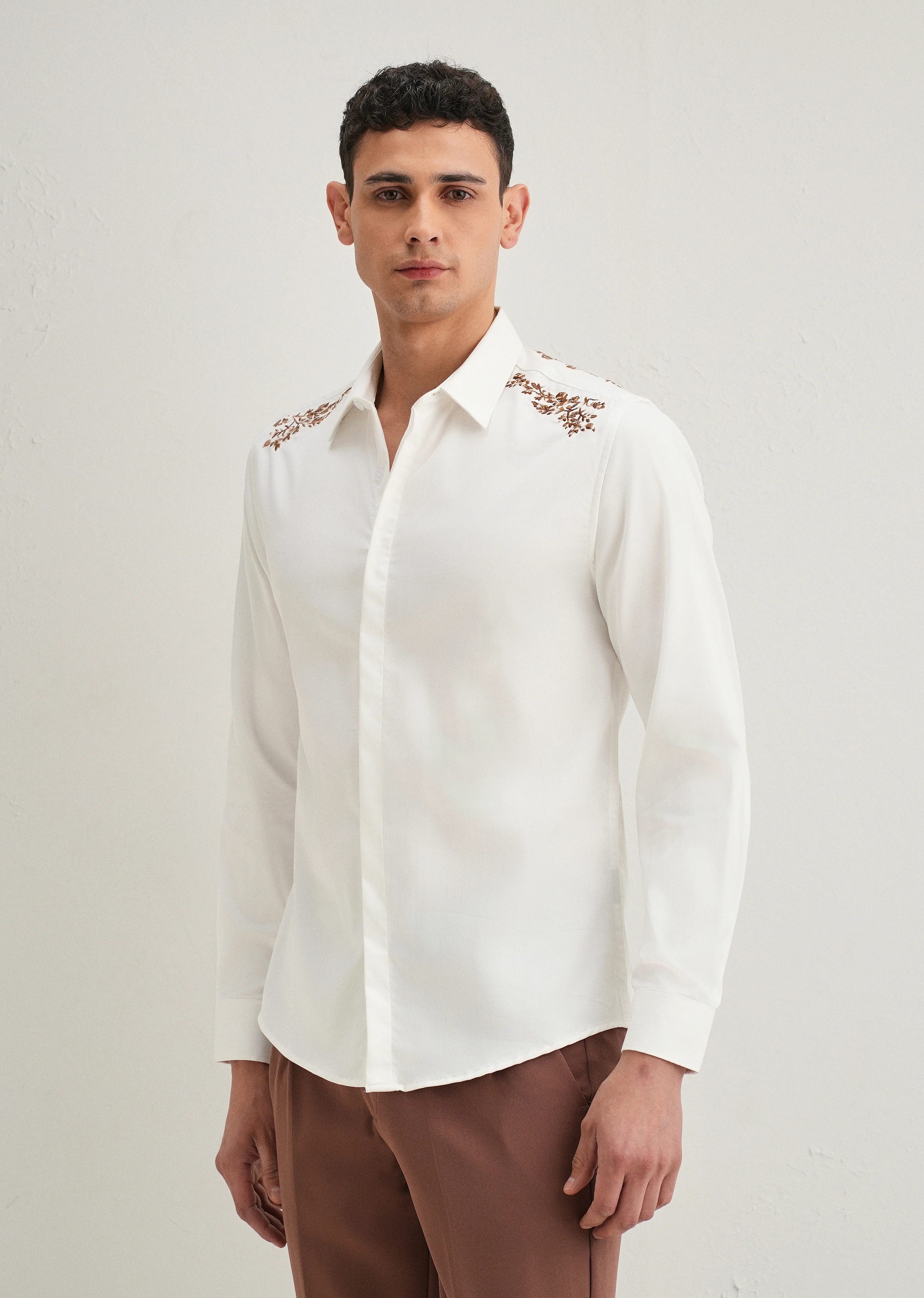 White Shoulder Embroidery Designer Shirt - Image 7