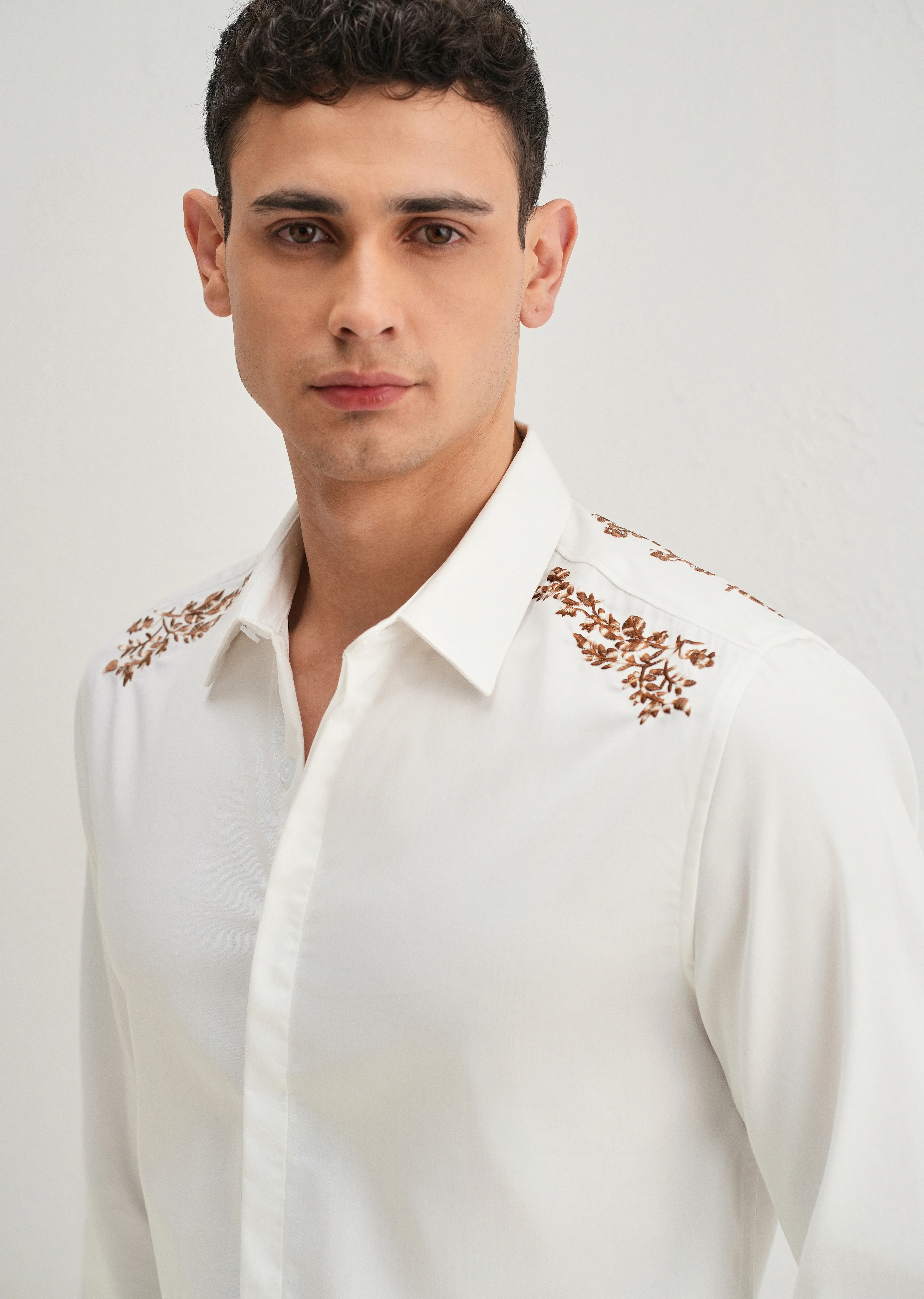 White Shoulder Embroidery Designer Shirt - Image 8