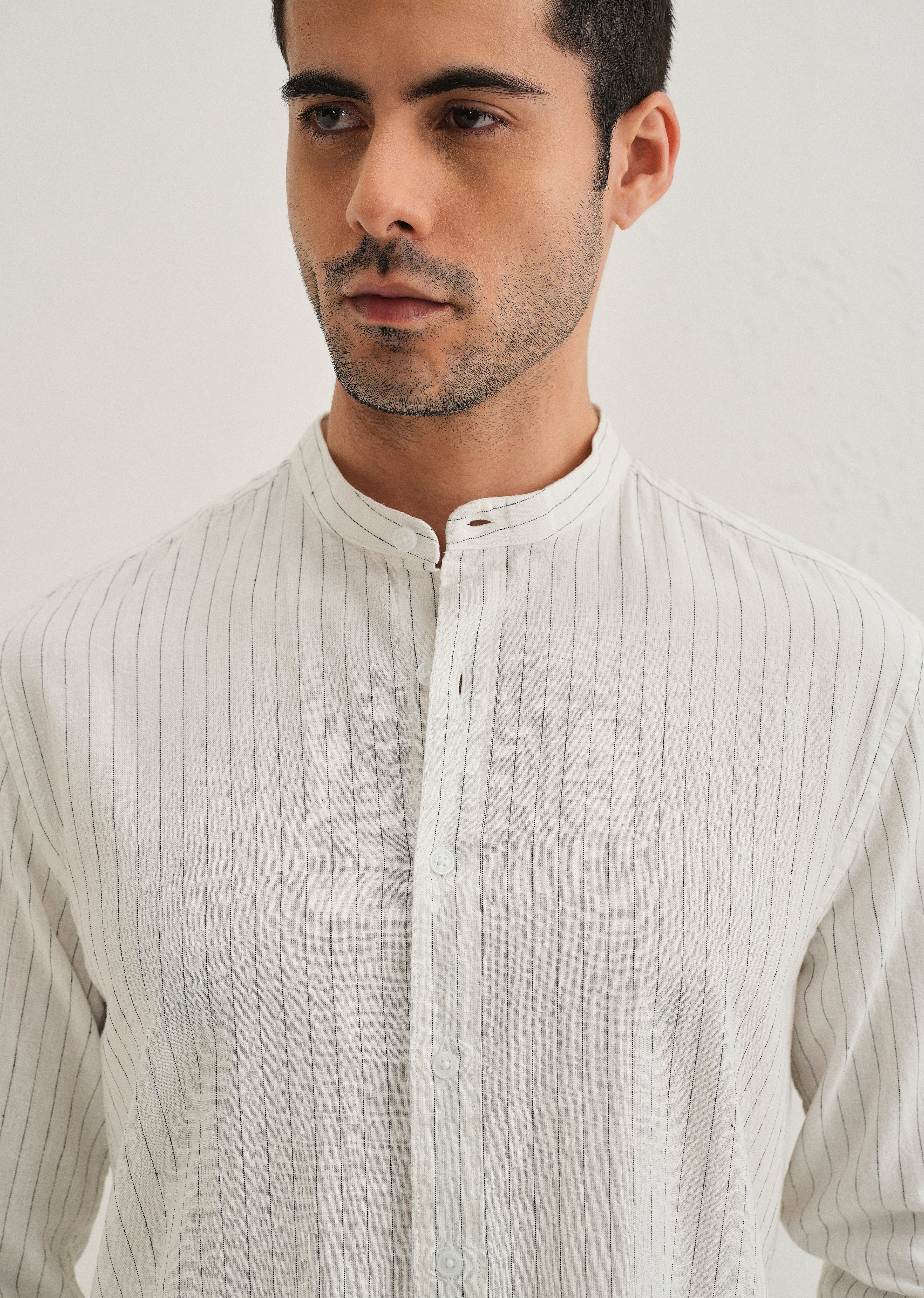 White Striped Mandarin Collar Cotton Shirt - Image 3