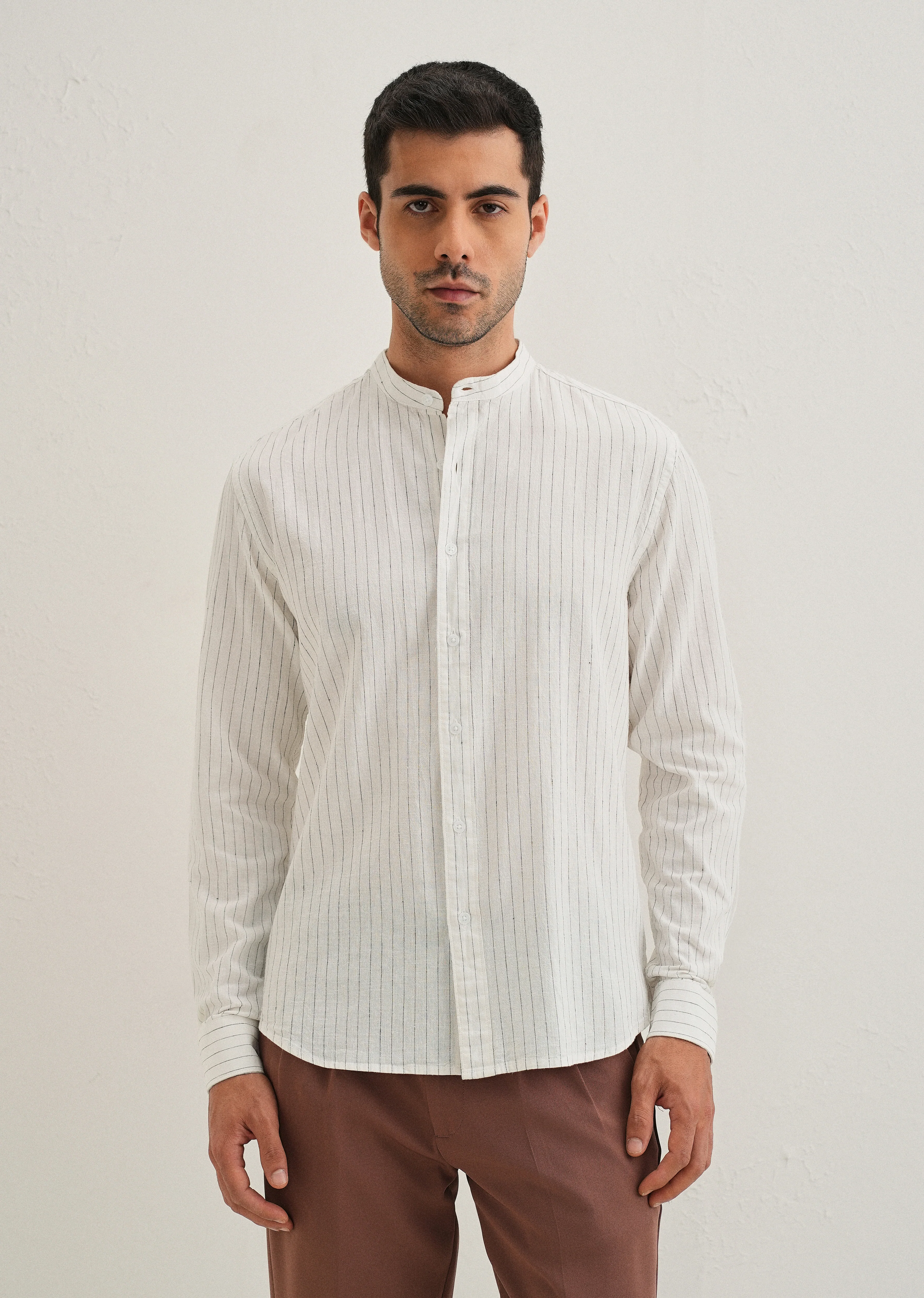White Striped Mandarin Collar Cotton Shirt - Image 4