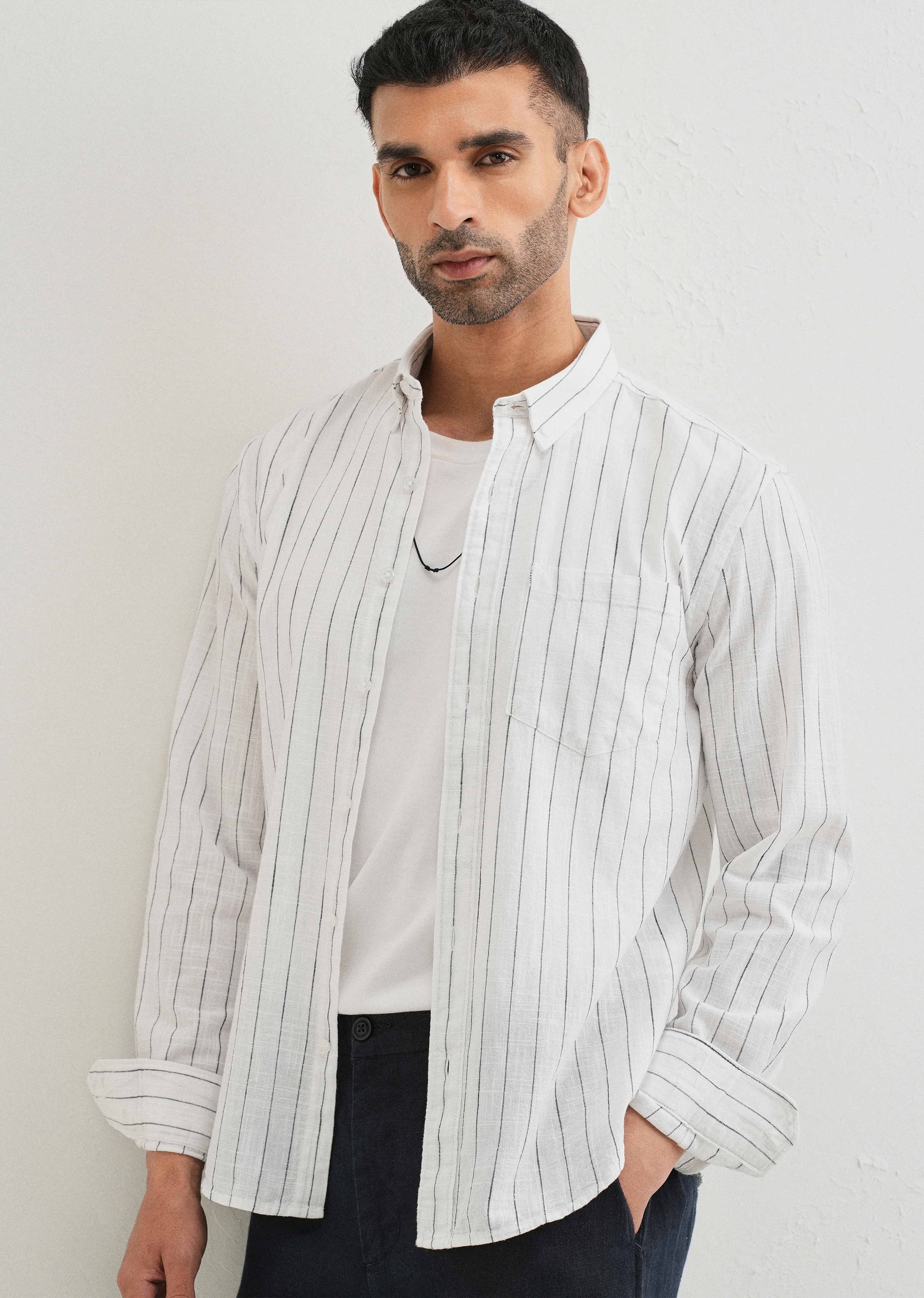 Chalk White Striped Cotton Linen Shirt - Image 7