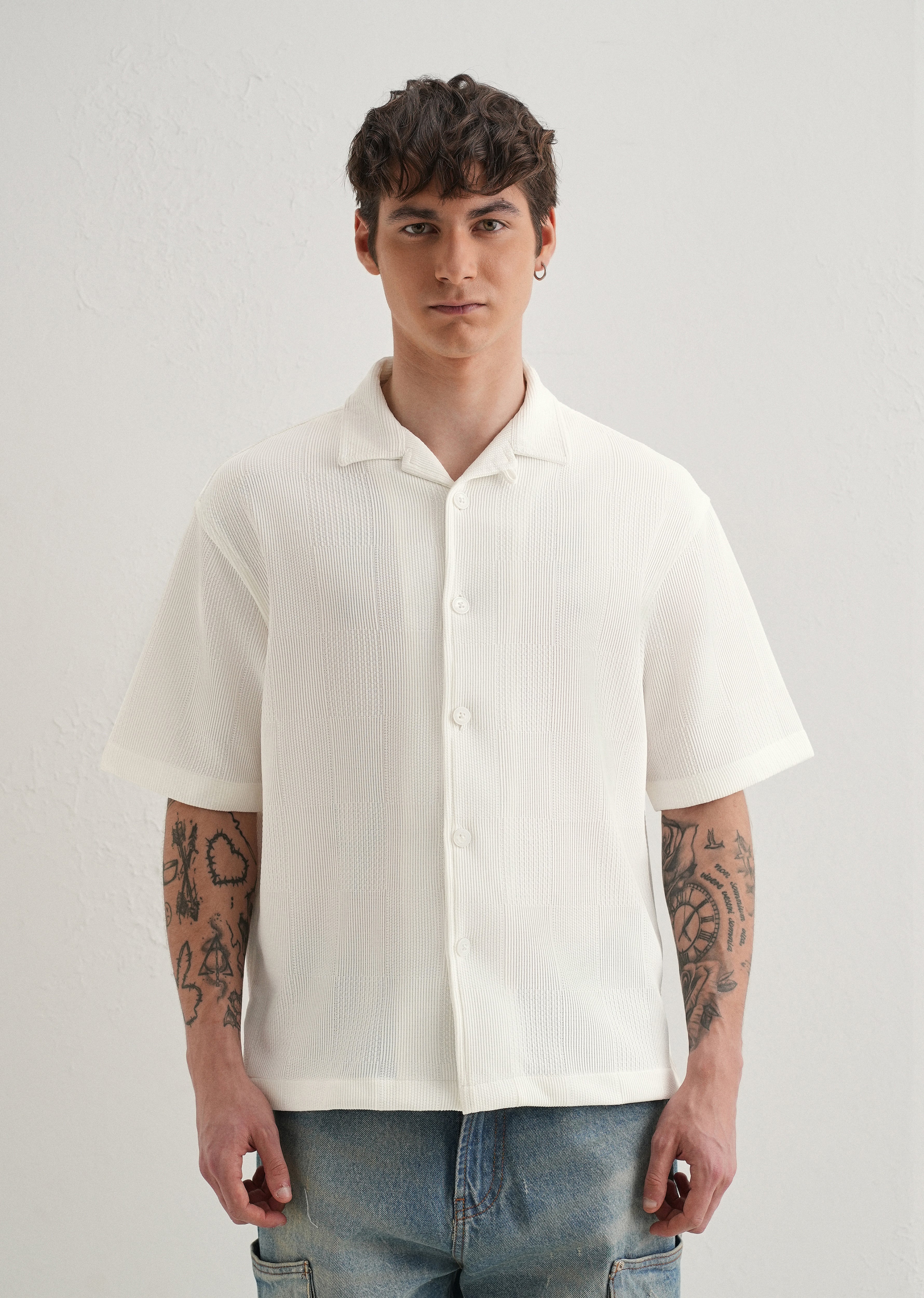 White Textured Check Knit Shirt - Image 3