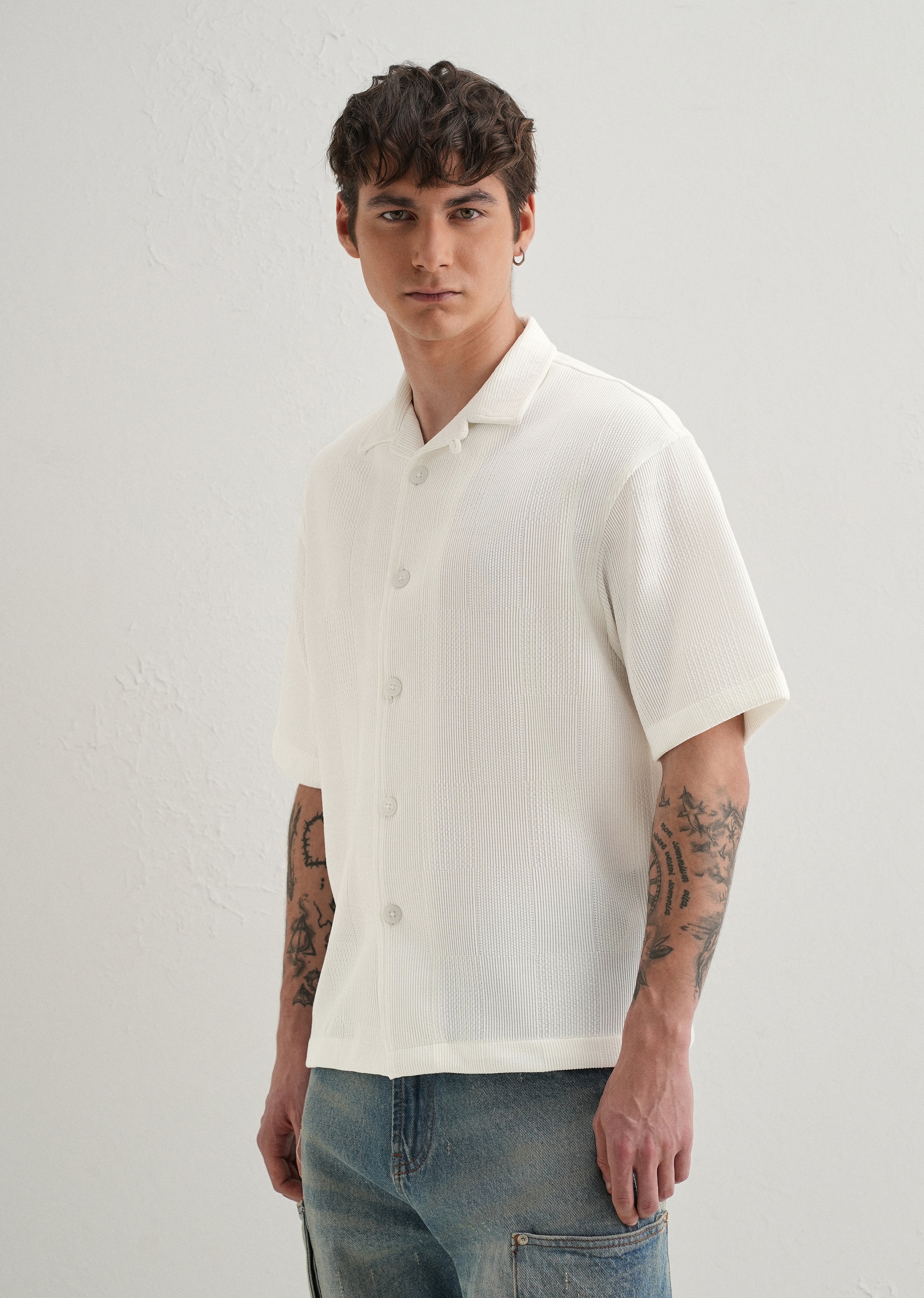 White Textured Check Knit Shirt - Image 4
