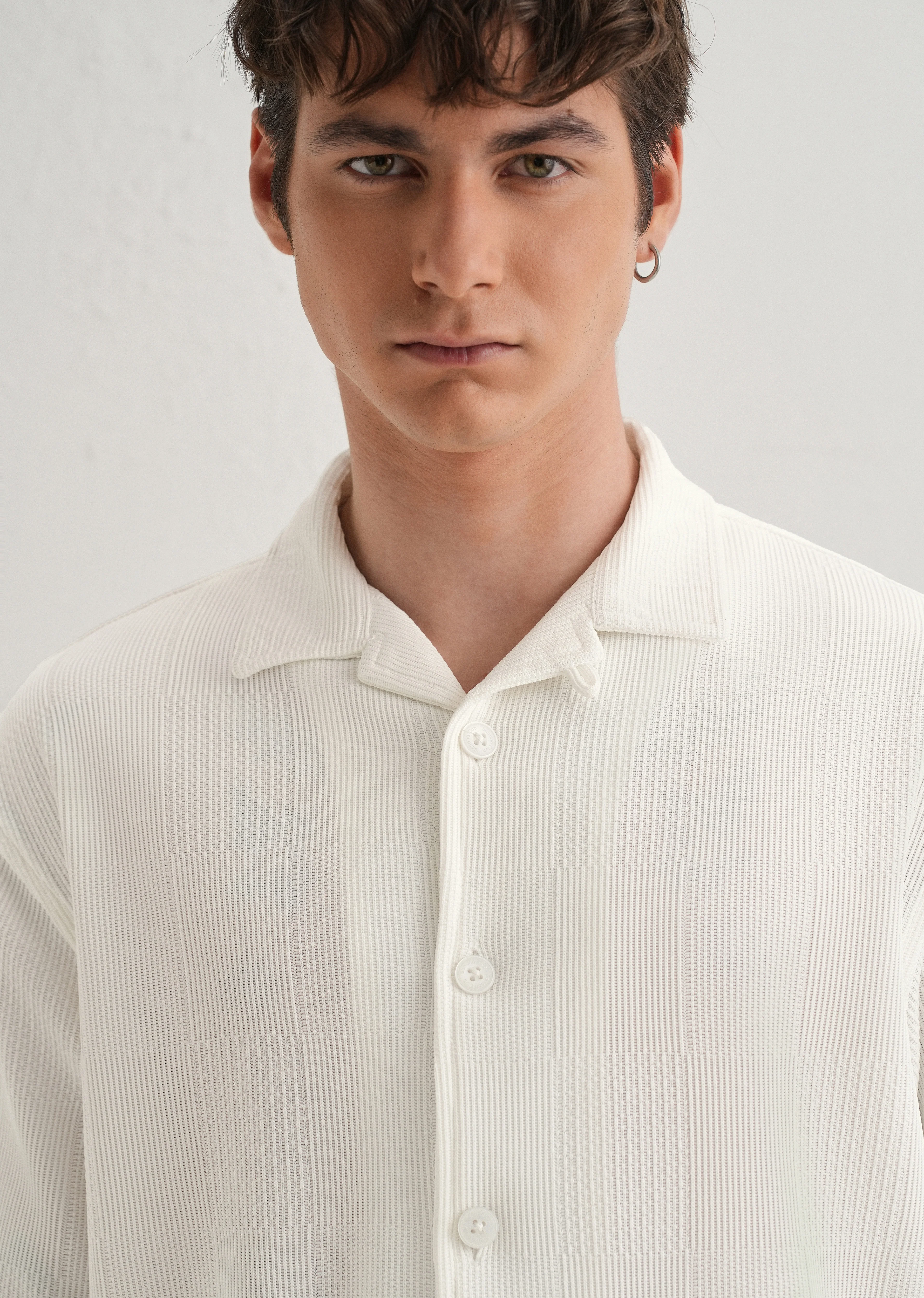 White Textured Check Knit Shirt - Image 5