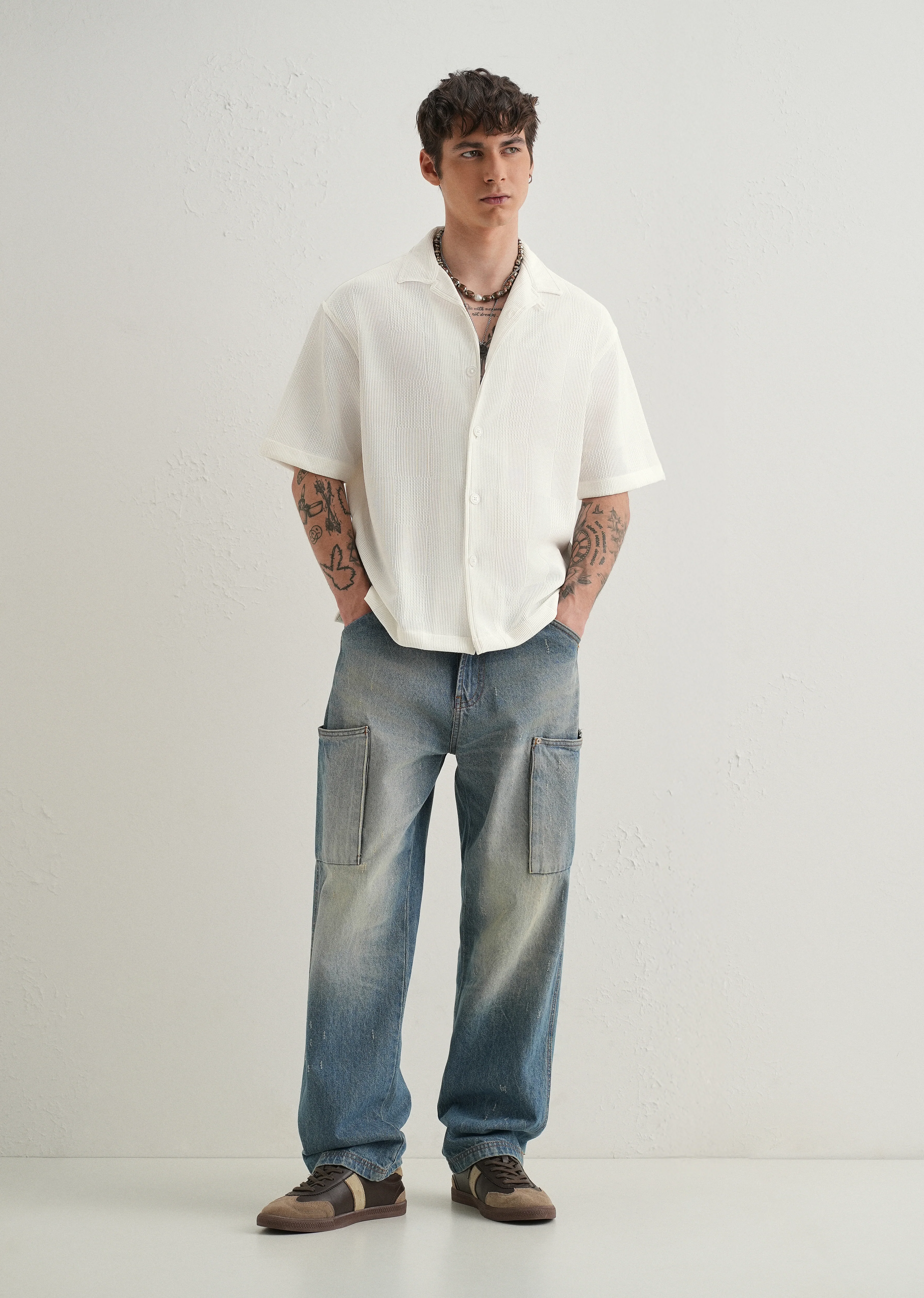 White Textured Check Knit Shirt - Image 6