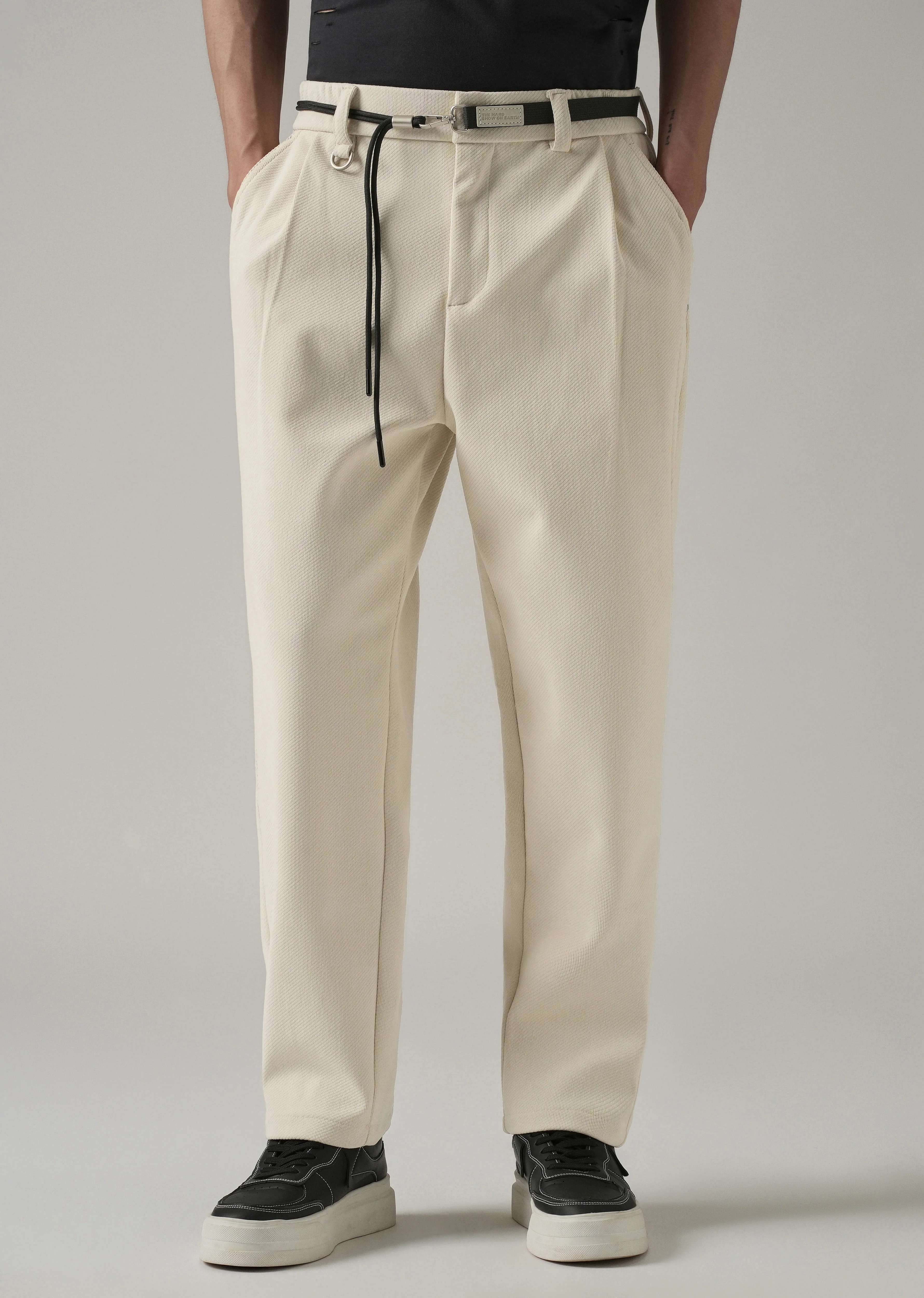White Textured Corduroy Belt Pant - Image 7