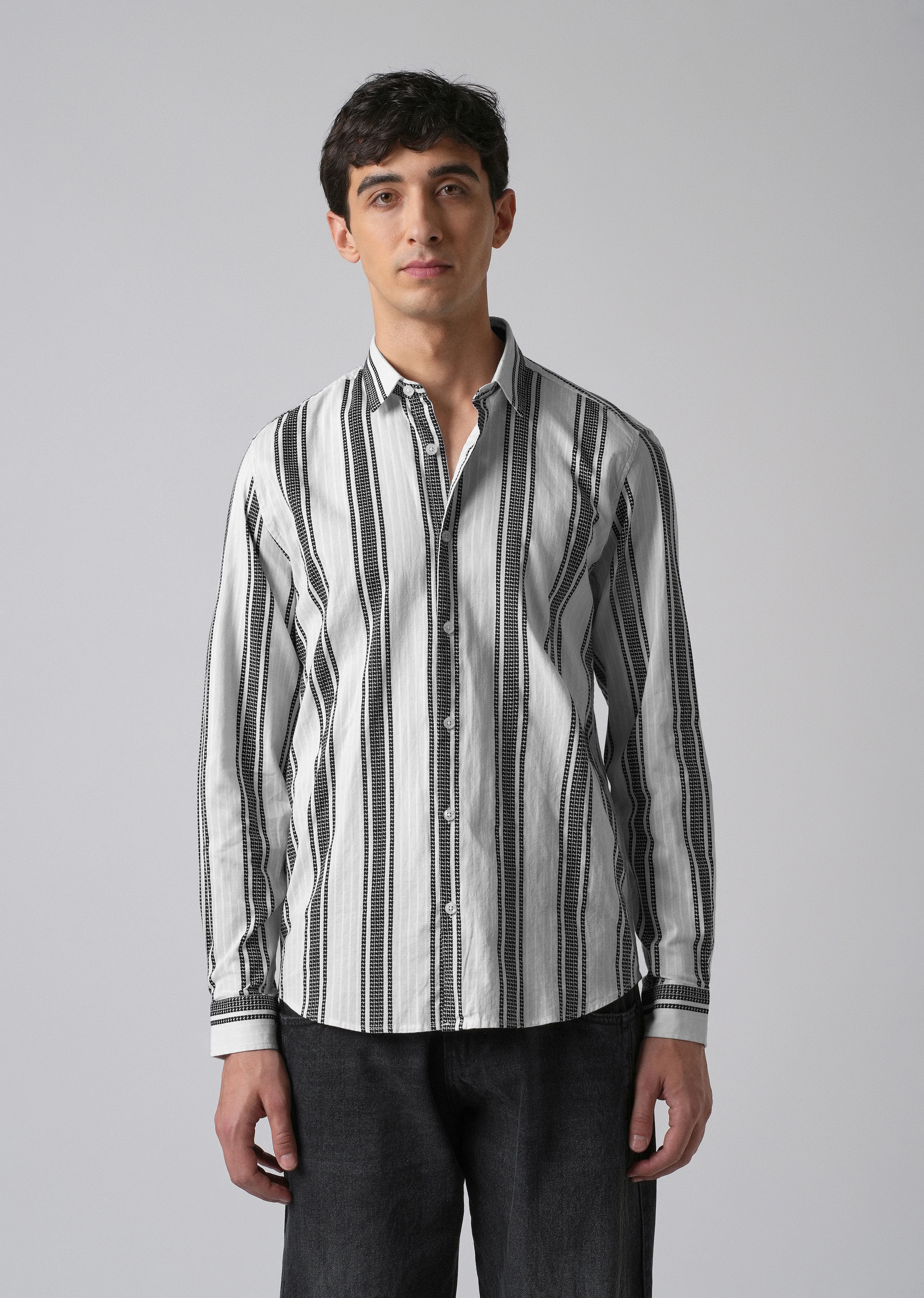 White Vertical Stripe Cotton/Linen Shirt - Image 3