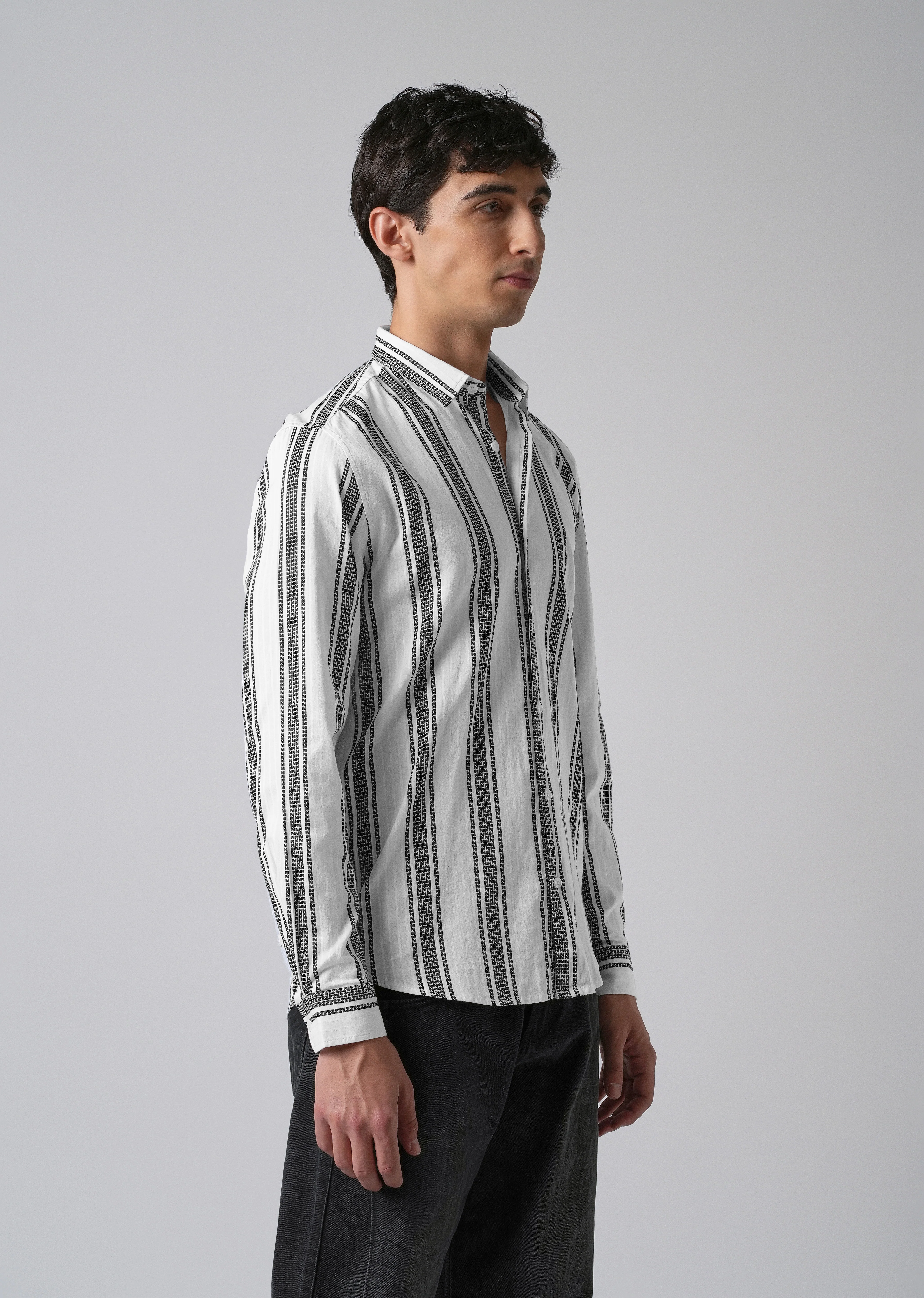 White Vertical Stripe Cotton/Linen Shirt - Image 4