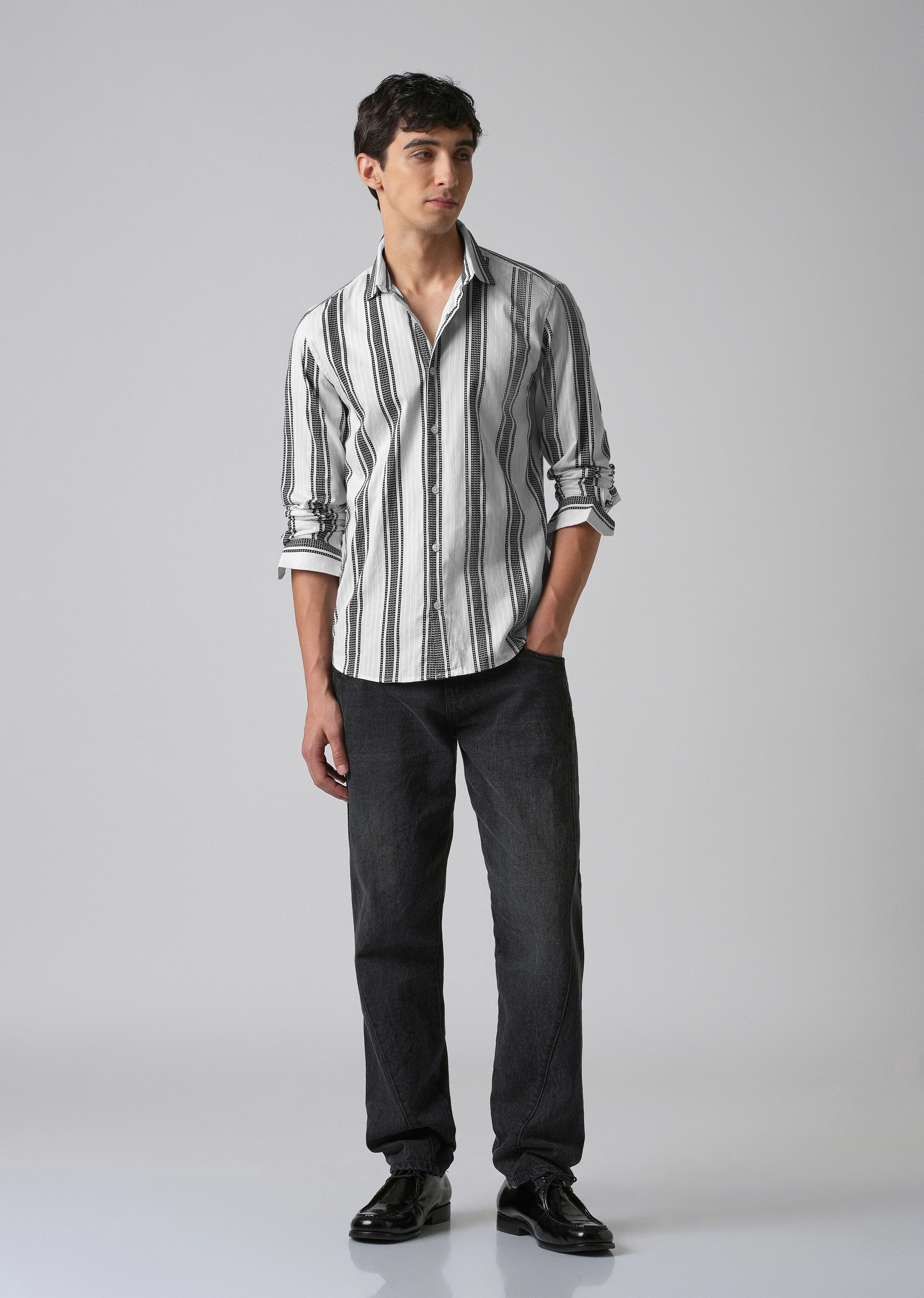 White Vertical Stripe Cotton/Linen Shirt - Image 6