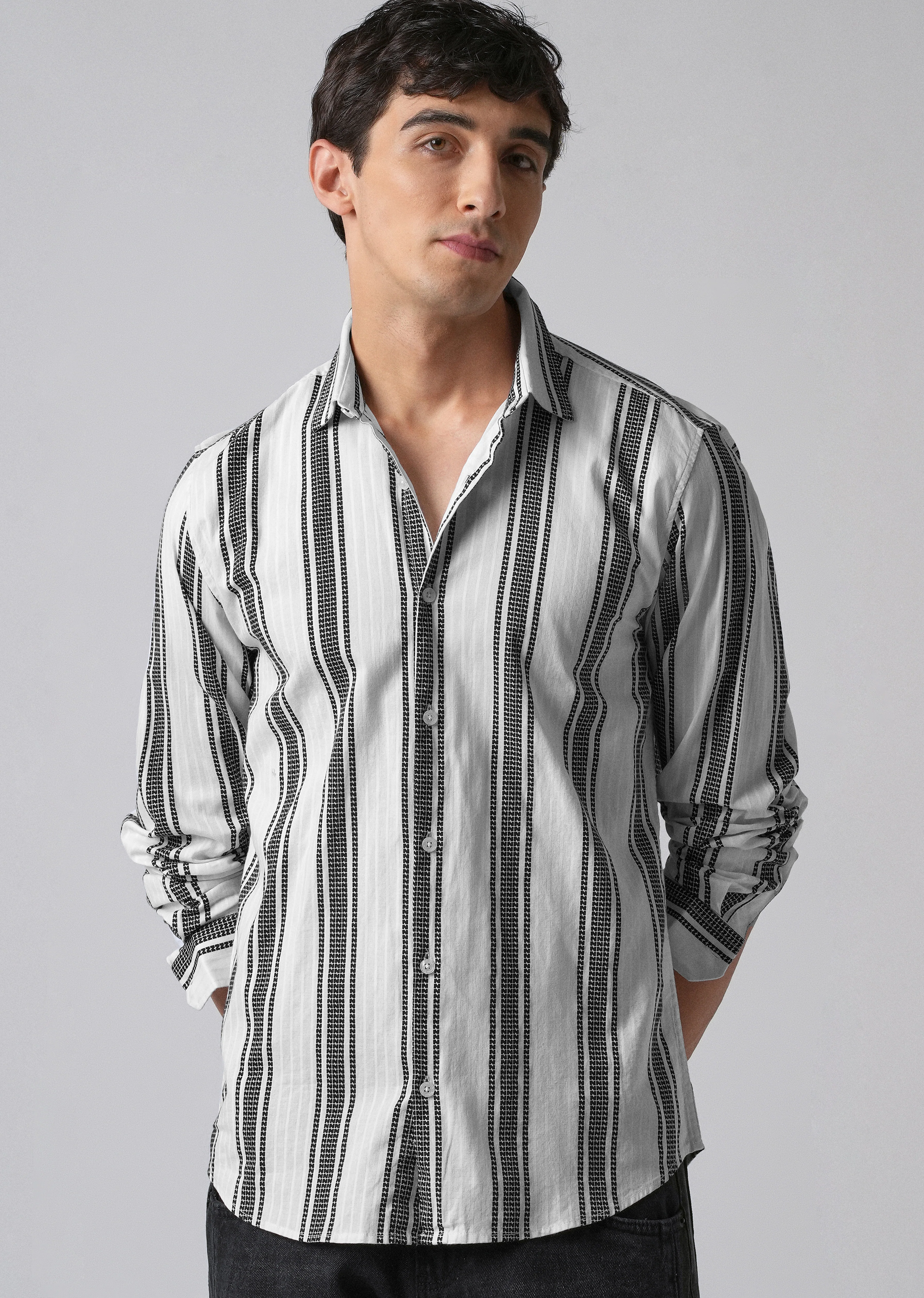 White Vertical Stripe Cotton/Linen Shirt - Image 7