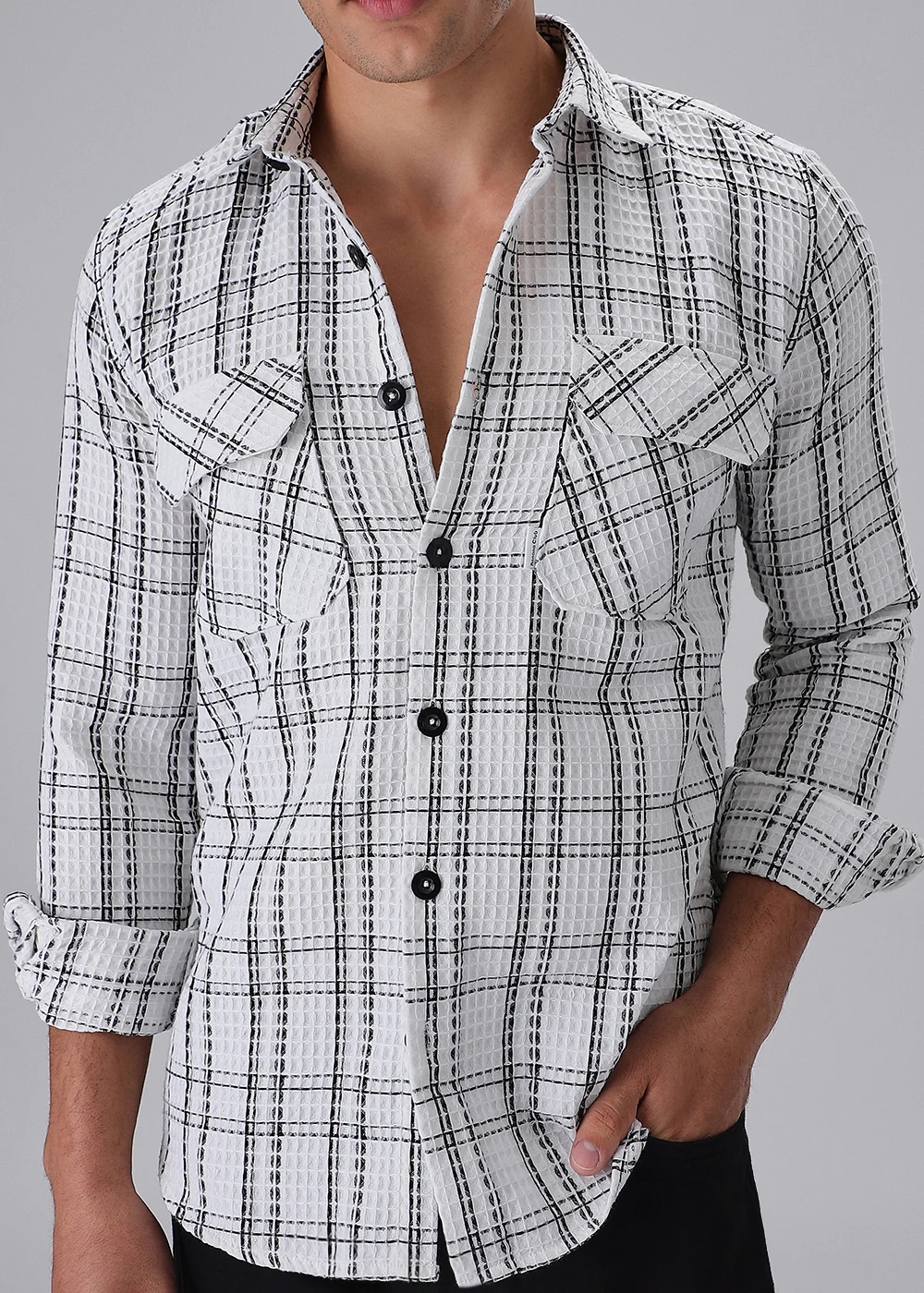 White Waffle Plaid Check Shirt - Image 7