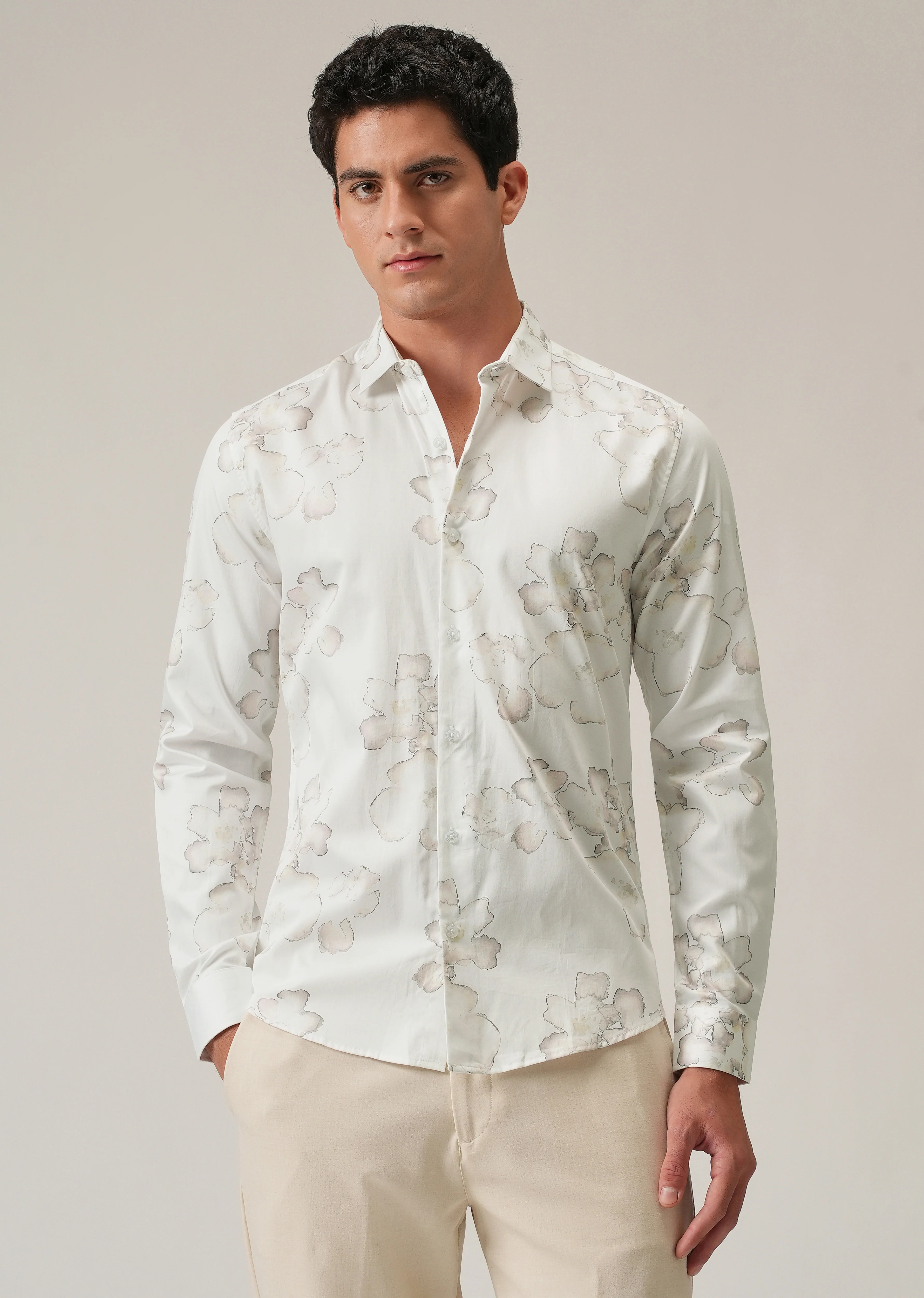 White Watercolour Flora Print Shirt - Image 3