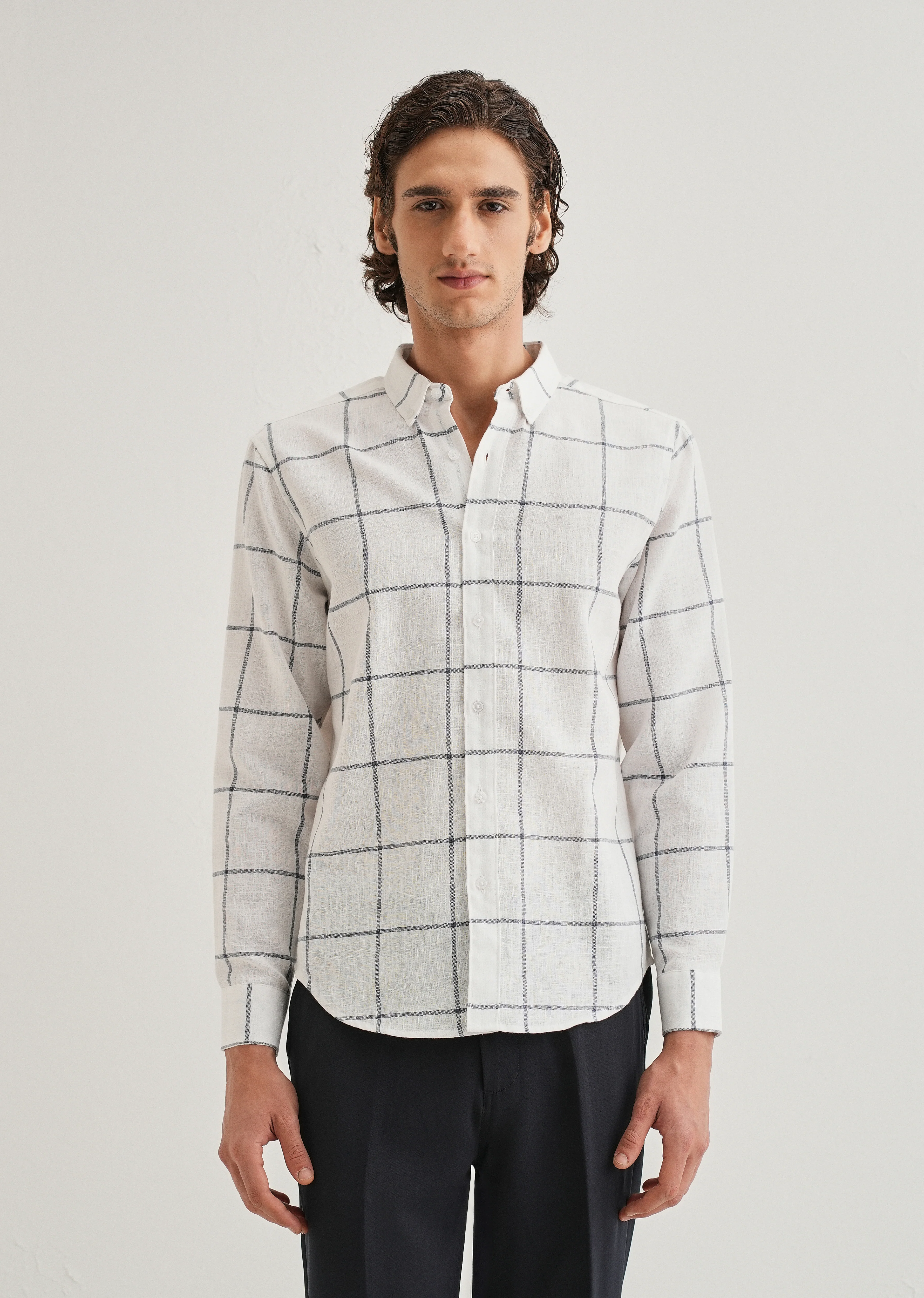 White Windowpane Check Blended Linen Shirt - Image 3