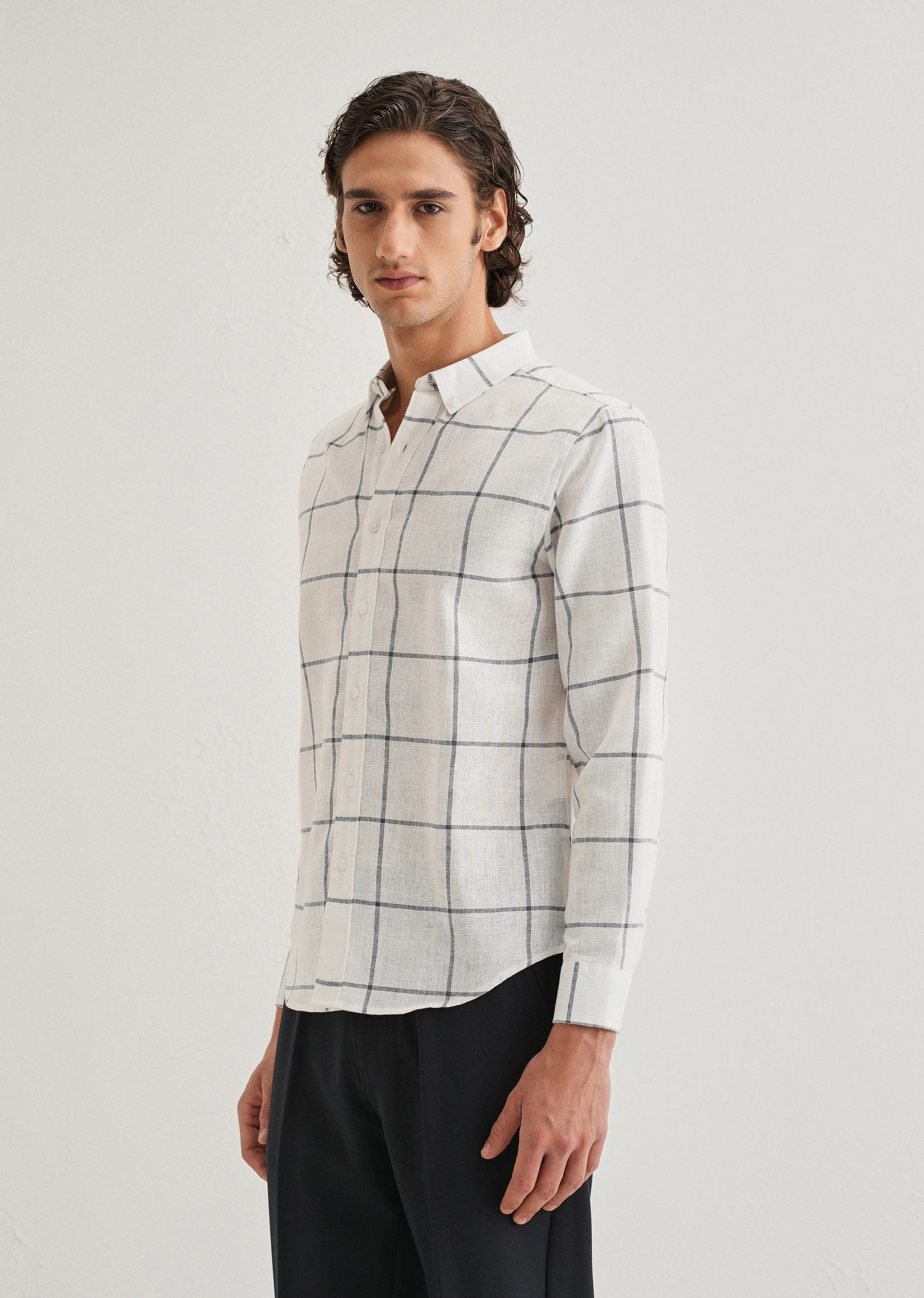 White Windowpane Check Blended Linen Shirt - Image 4