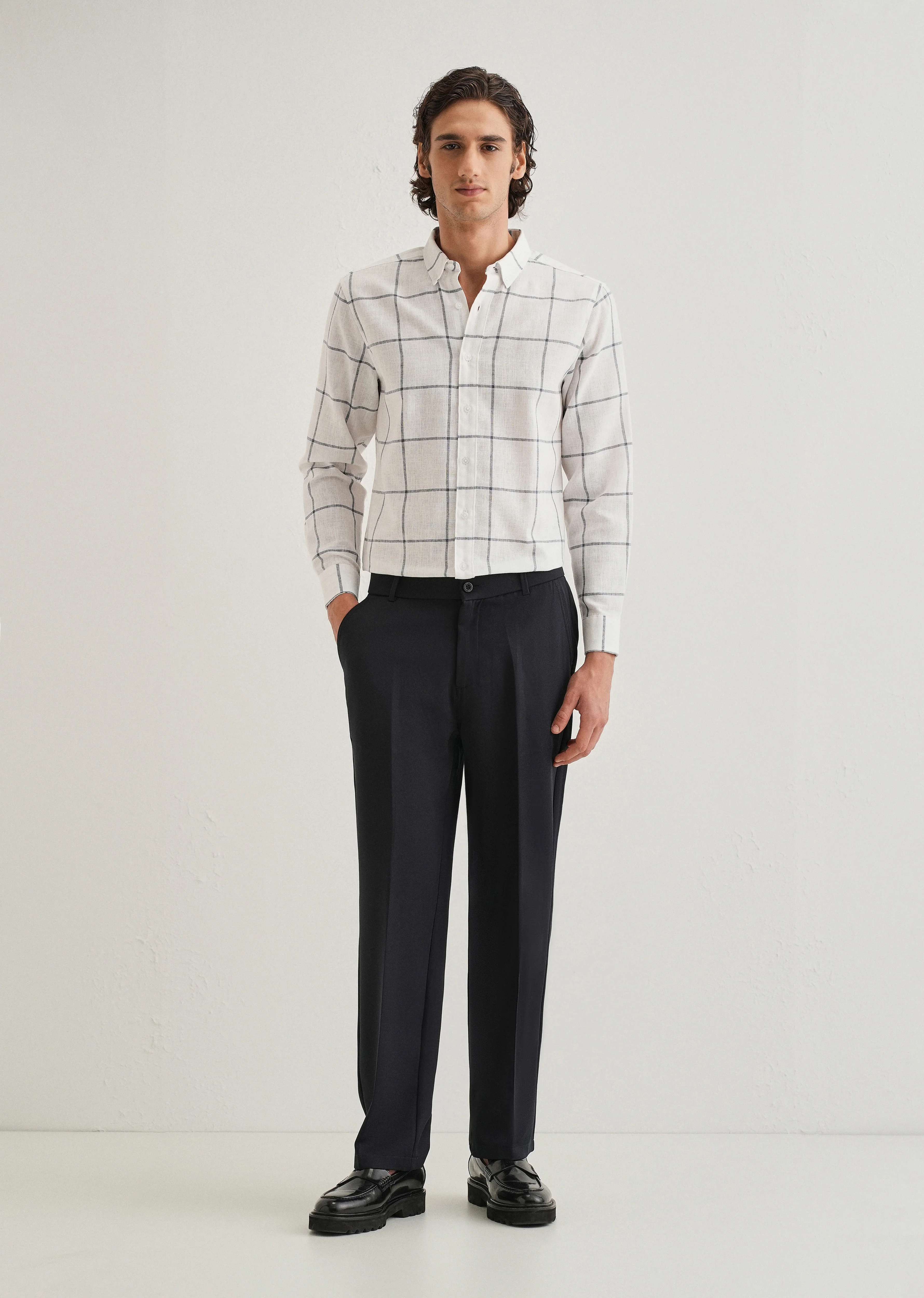 White Windowpane Check Blended Linen Shirt - Image 6