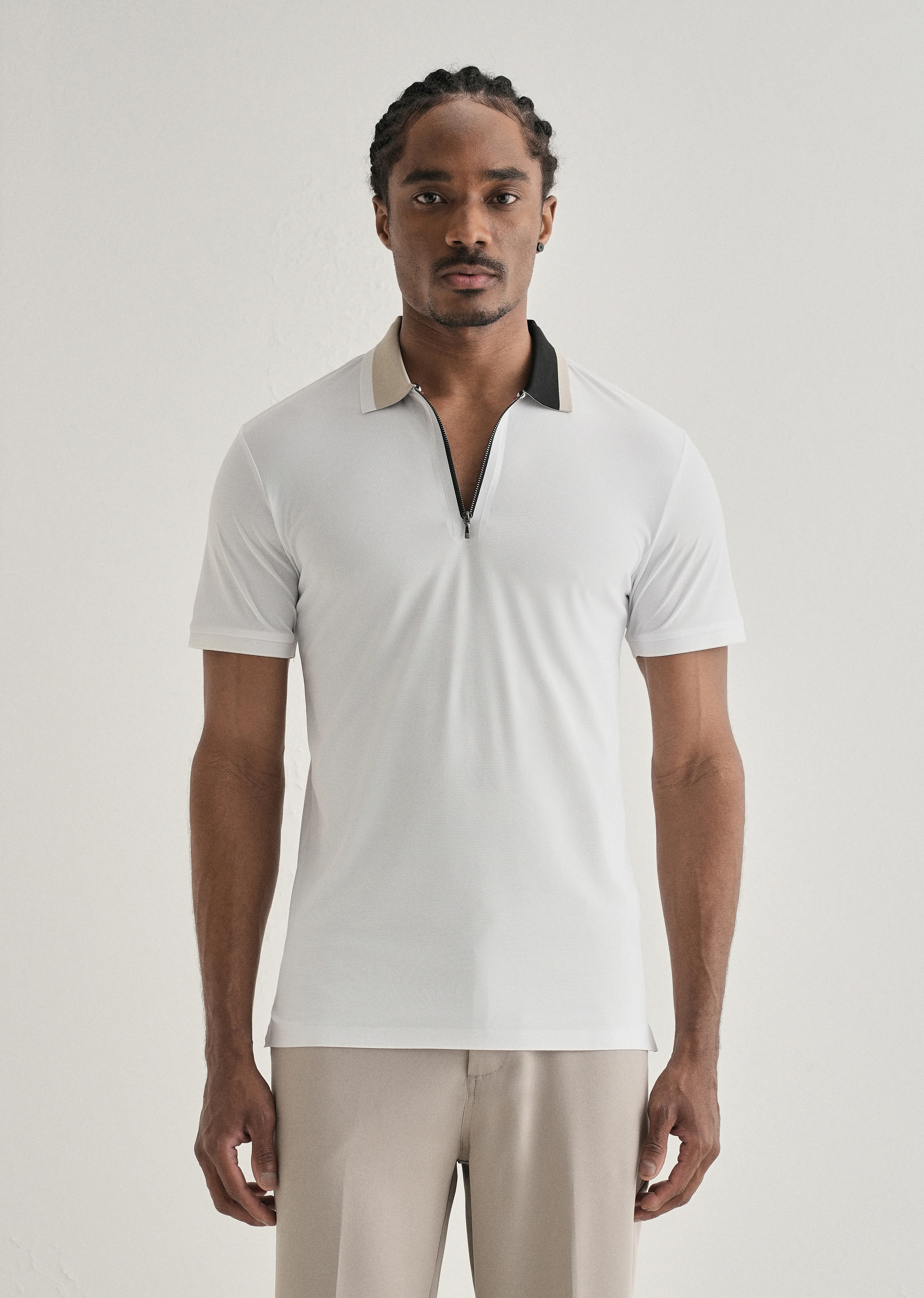 White Zipper Polo Collar Seamless T-shirt - Image 3