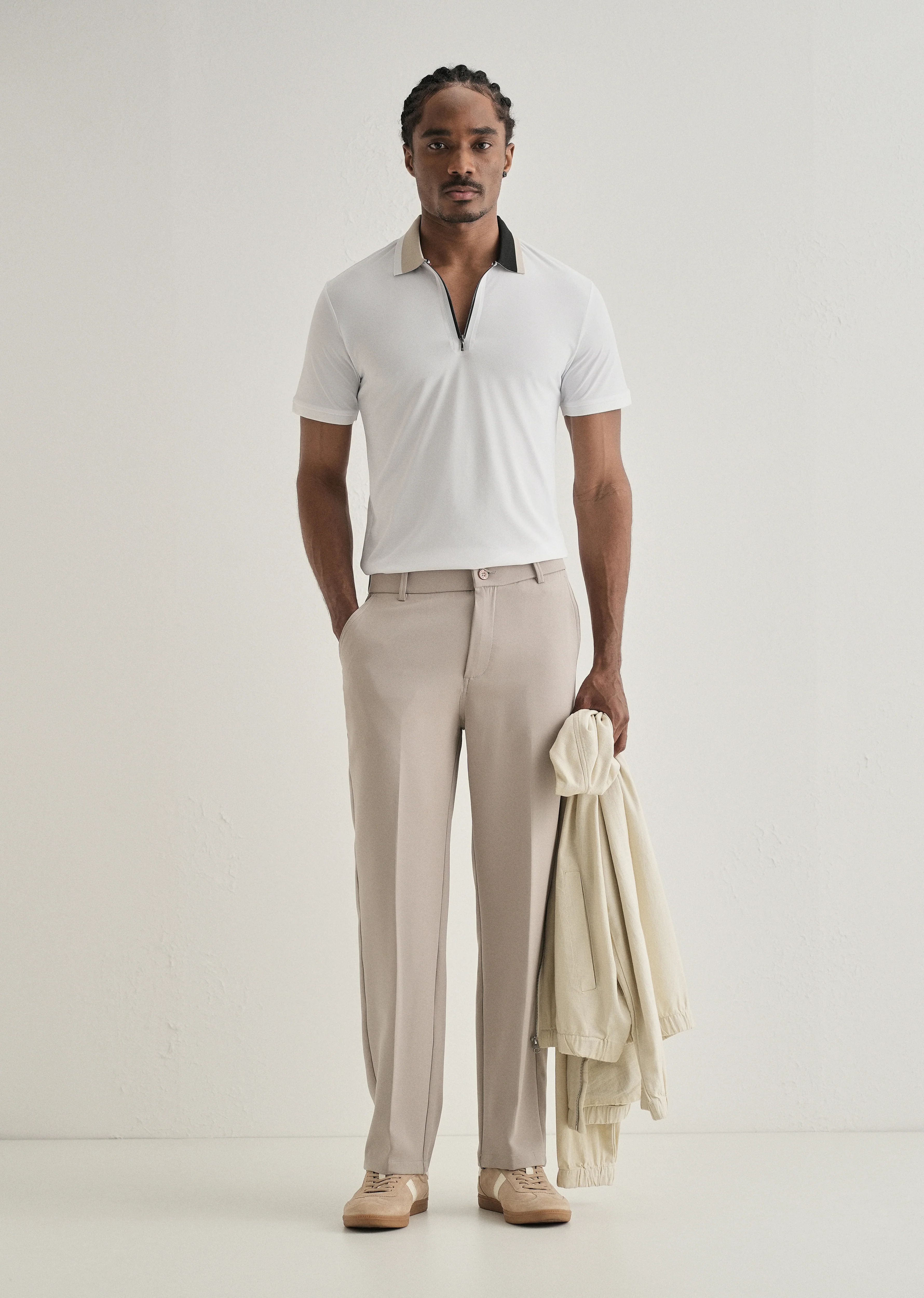 White Zipper Polo Collar Seamless T-shirt - Image 6