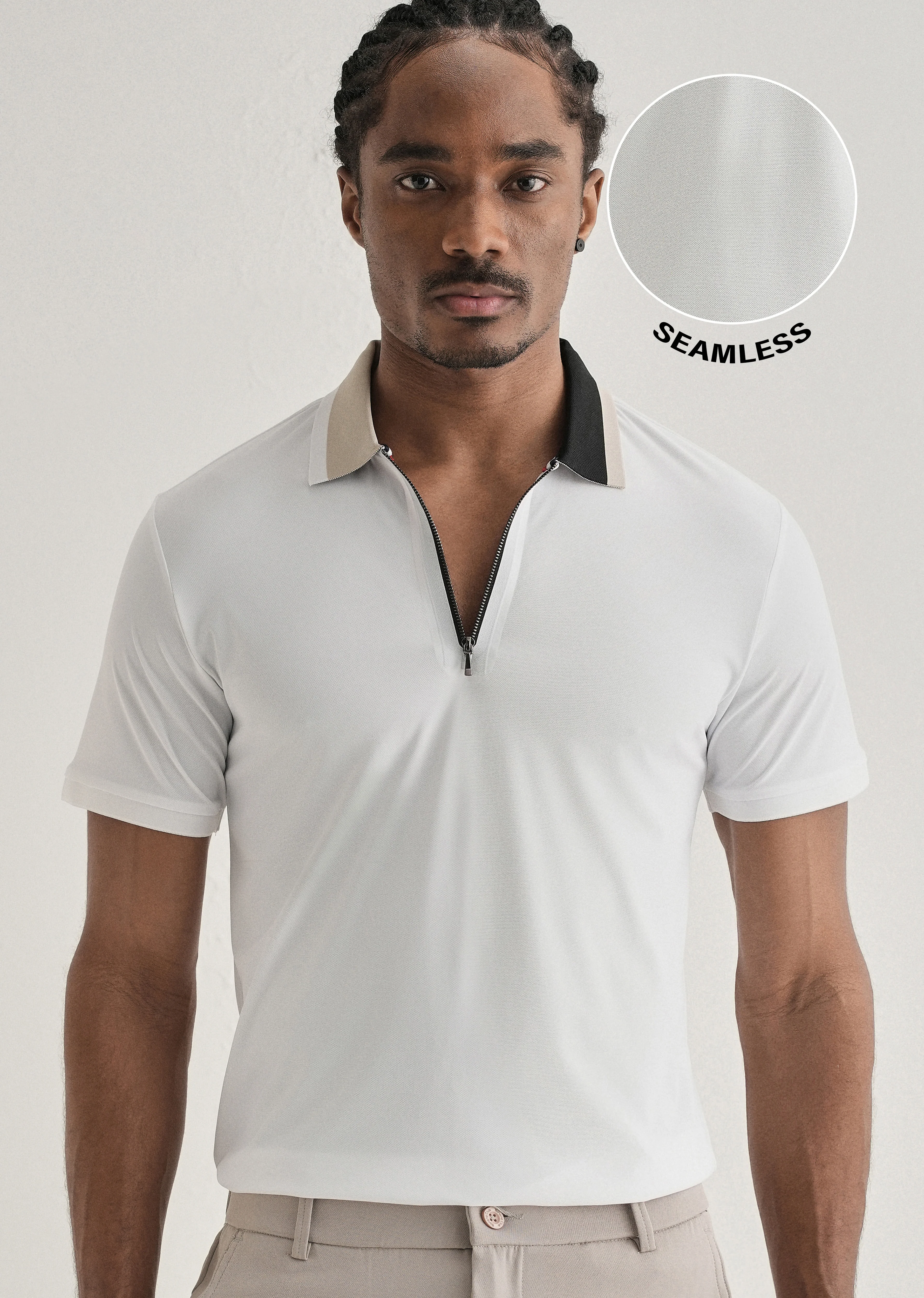 White Zipper Polo Collar Seamless T-shirt - Image 7