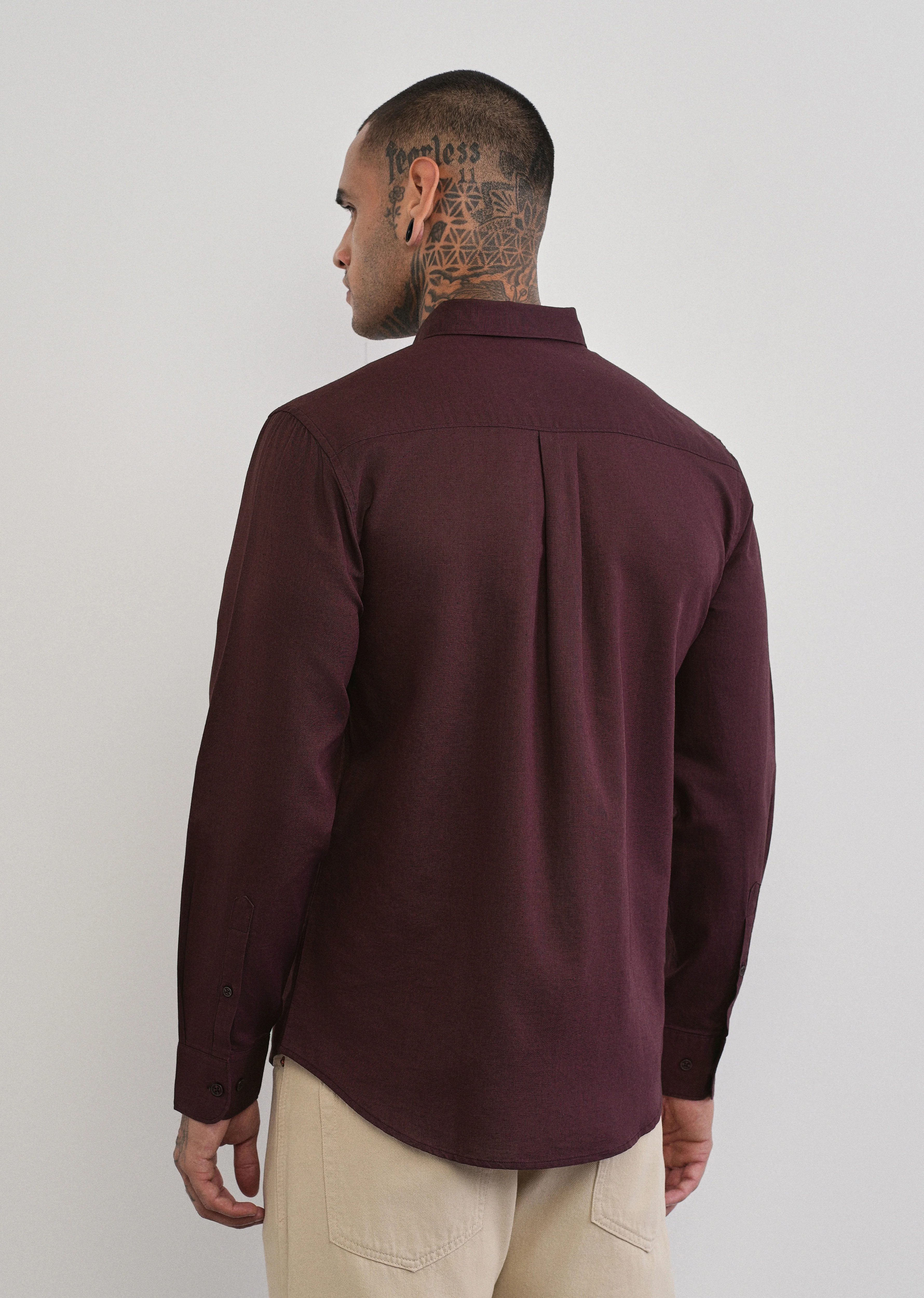 Wine Cotton Linen Plain Shirt - Image 2