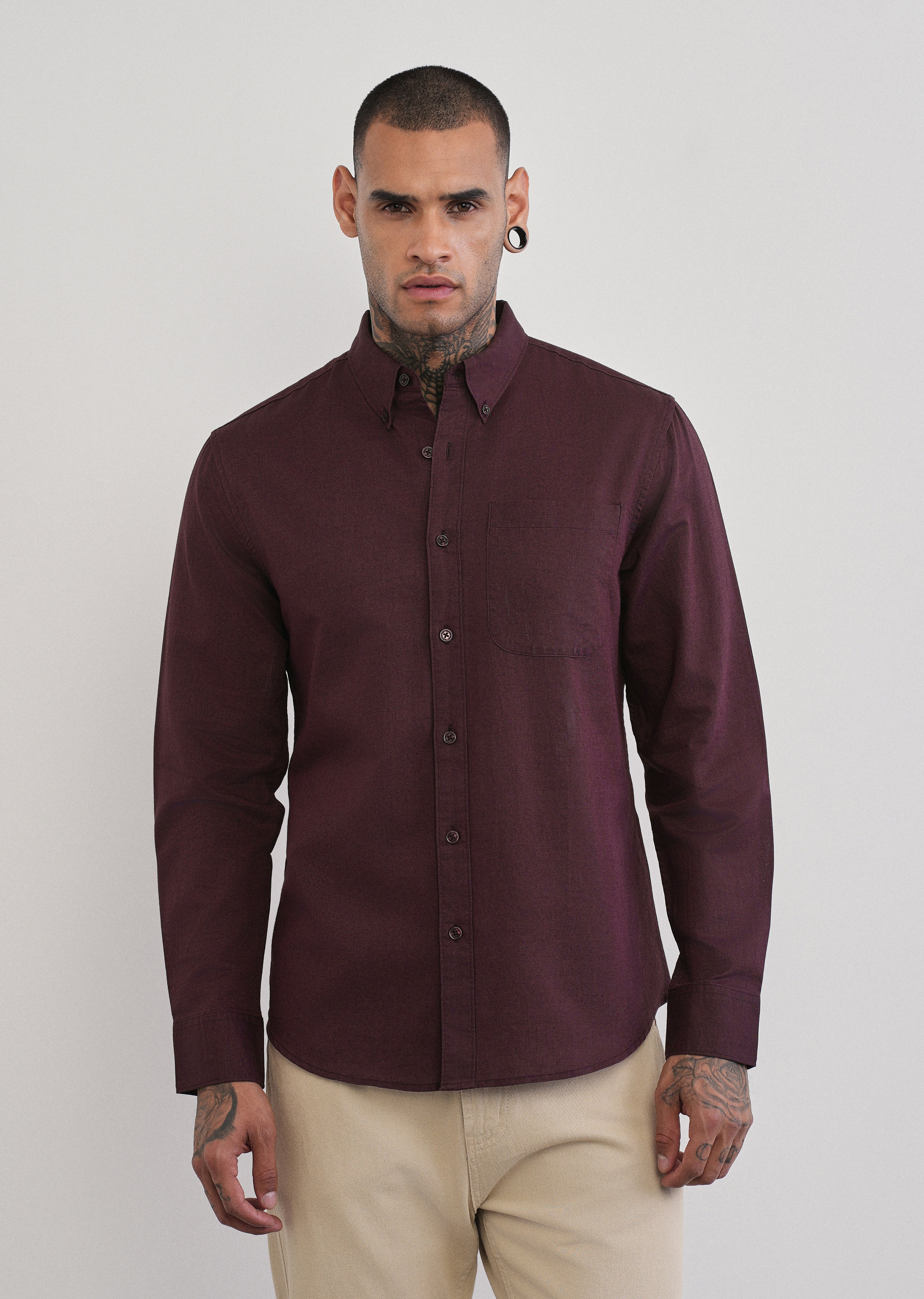 Wine Cotton Linen Plain Shirt - Image 3