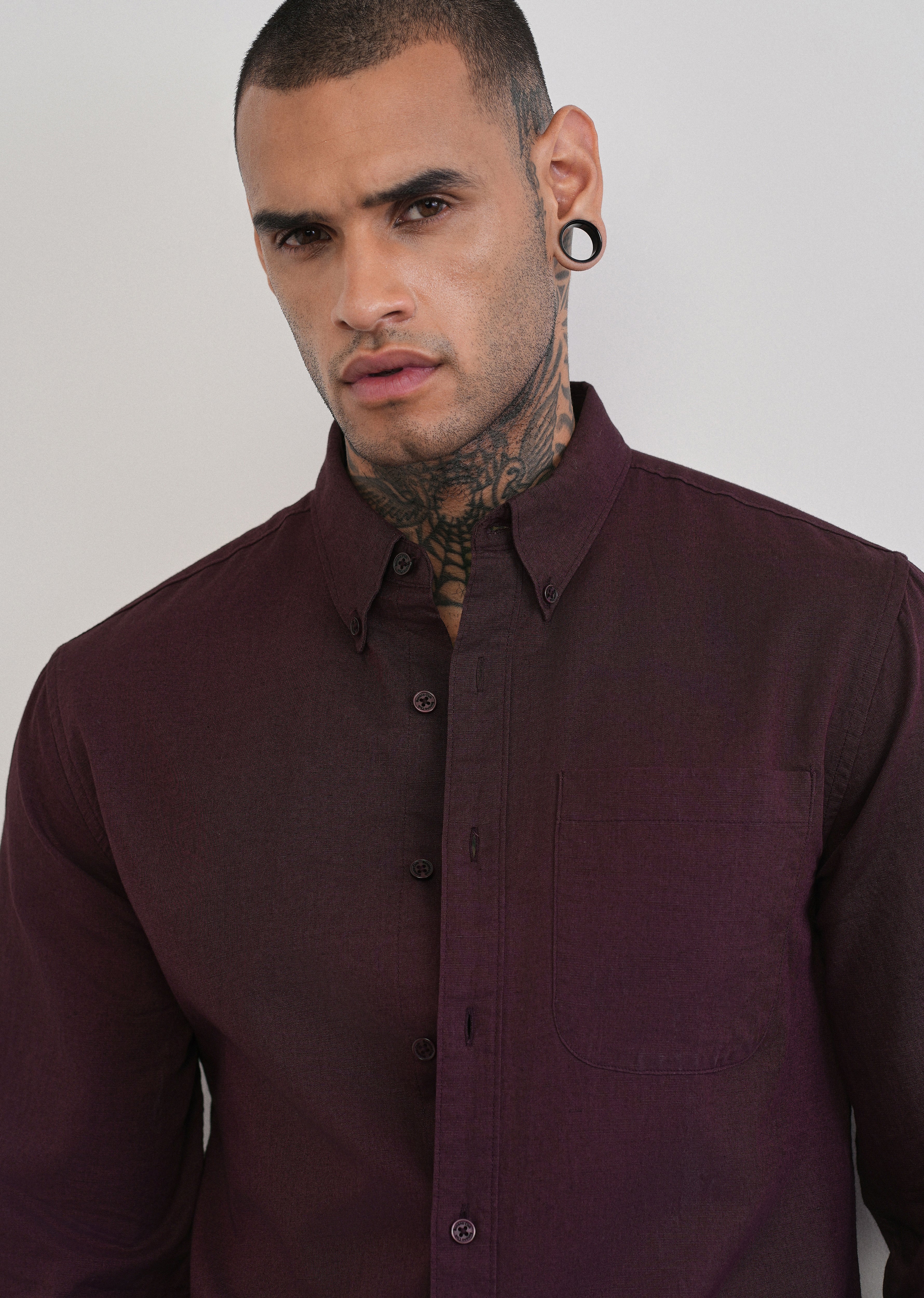 Wine Cotton Linen Plain Shirt - Image 5
