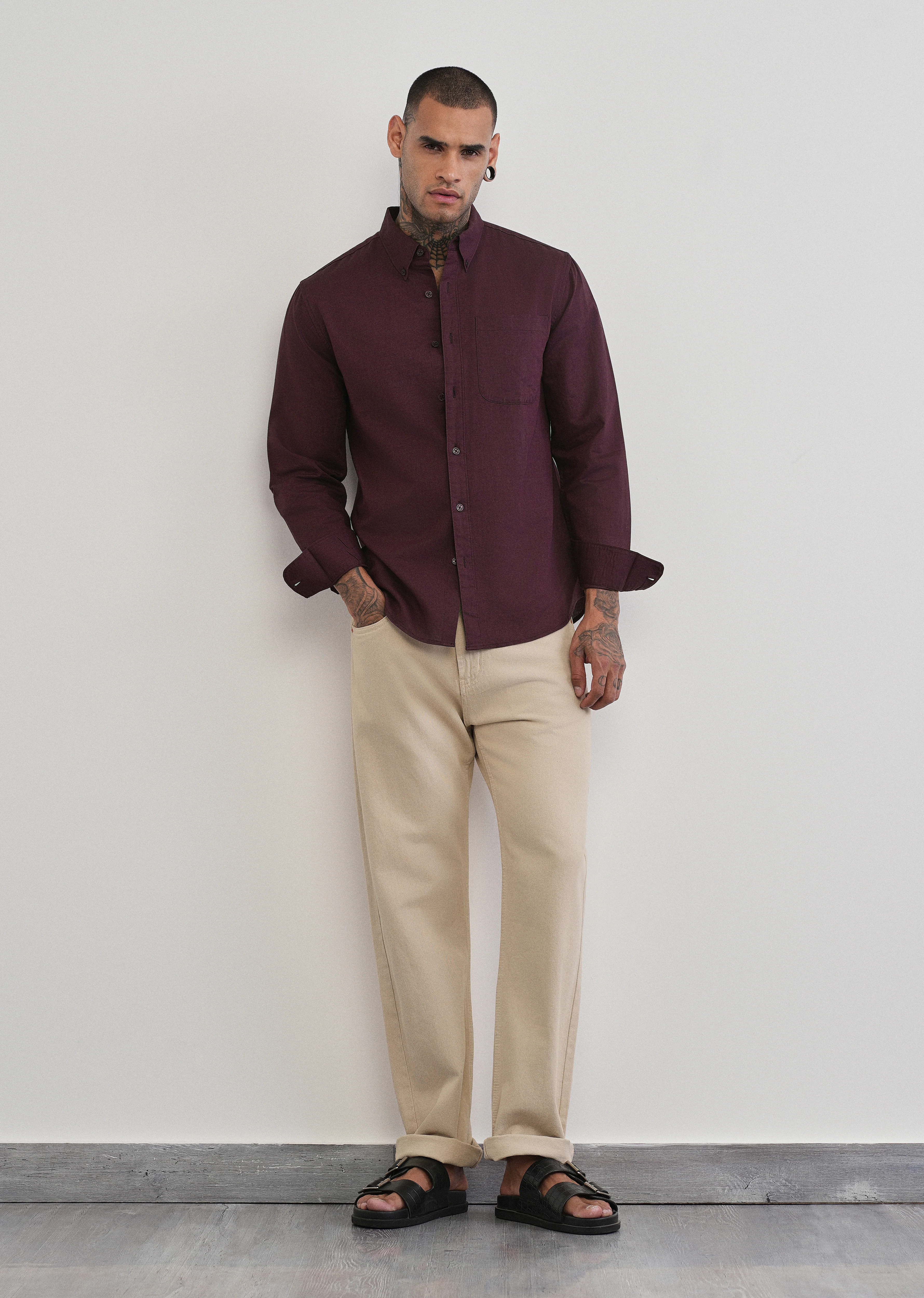 Wine Cotton Linen Plain Shirt - Image 6