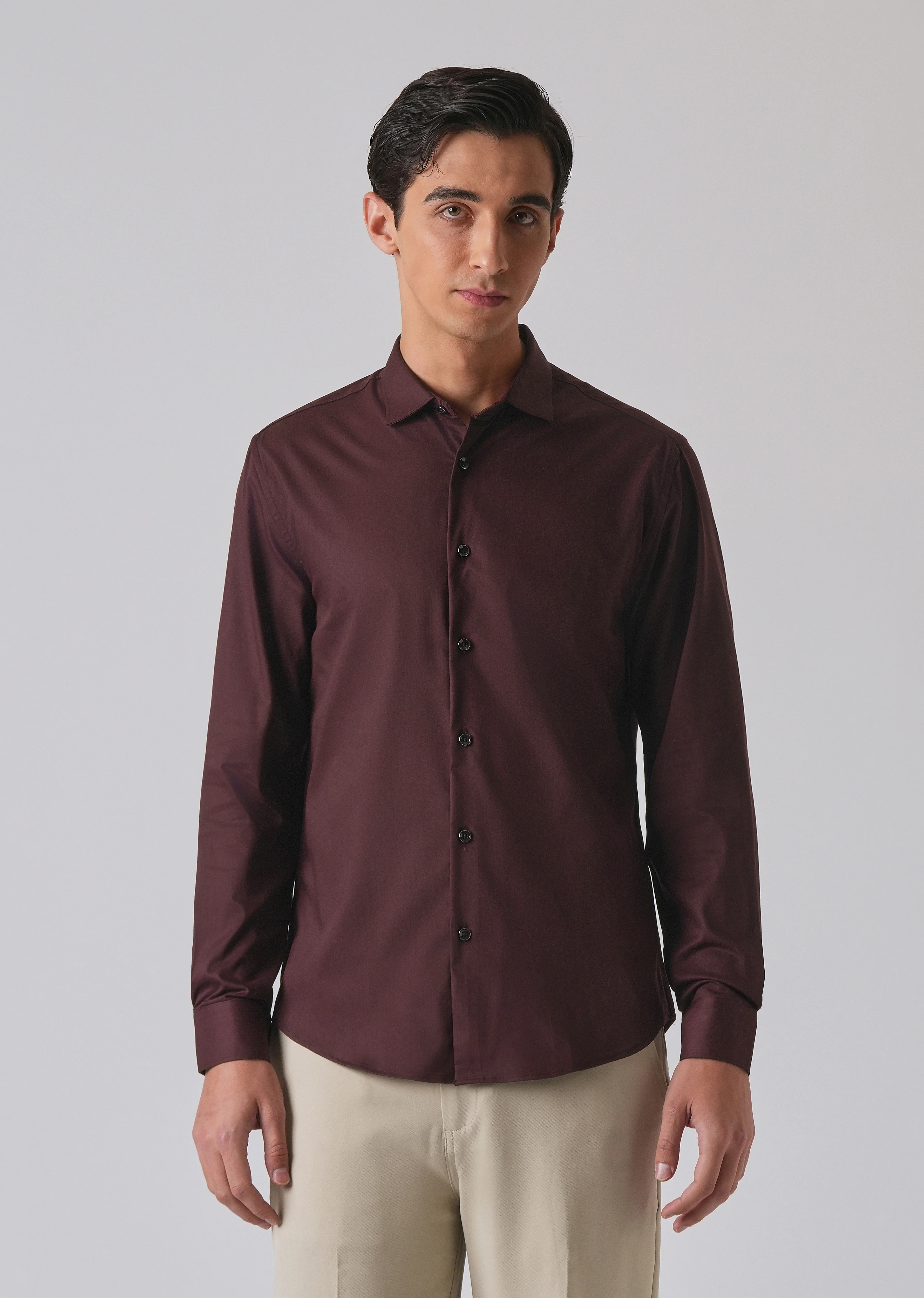 Wine Cotton Stretch Plain Shirt - Image 3