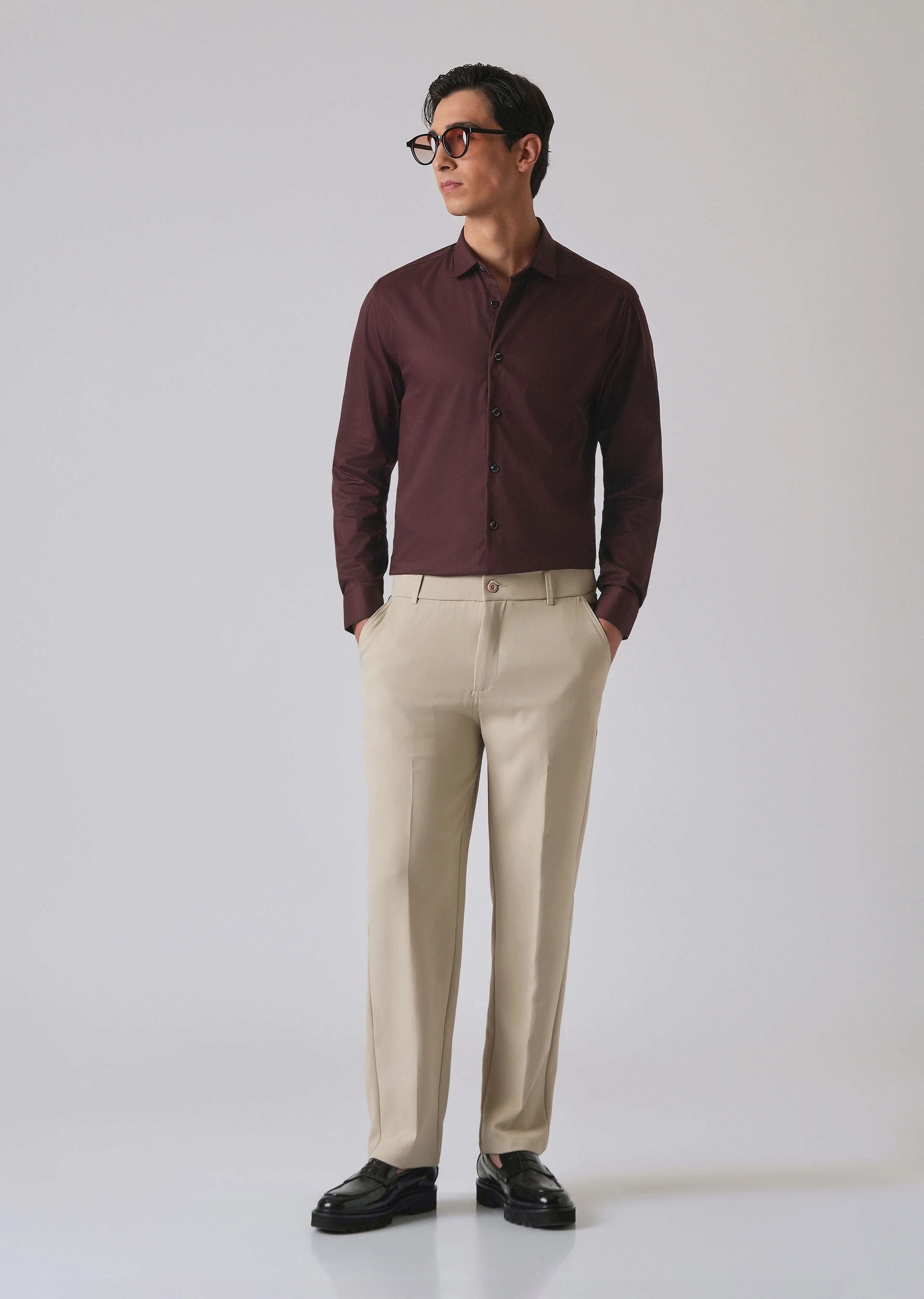 Wine Cotton Stretch Plain Shirt - Image 6