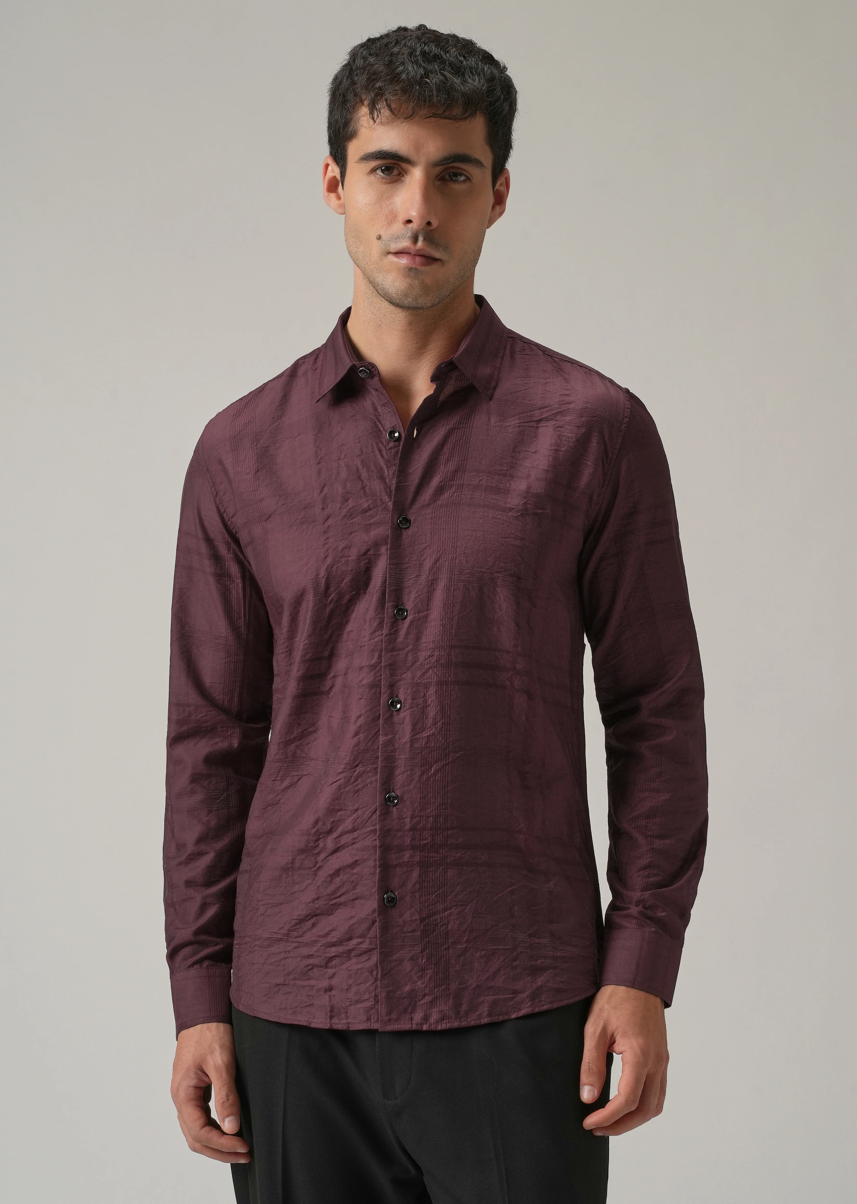 Wine Crinkled Self Stripe Shirt - Image 3