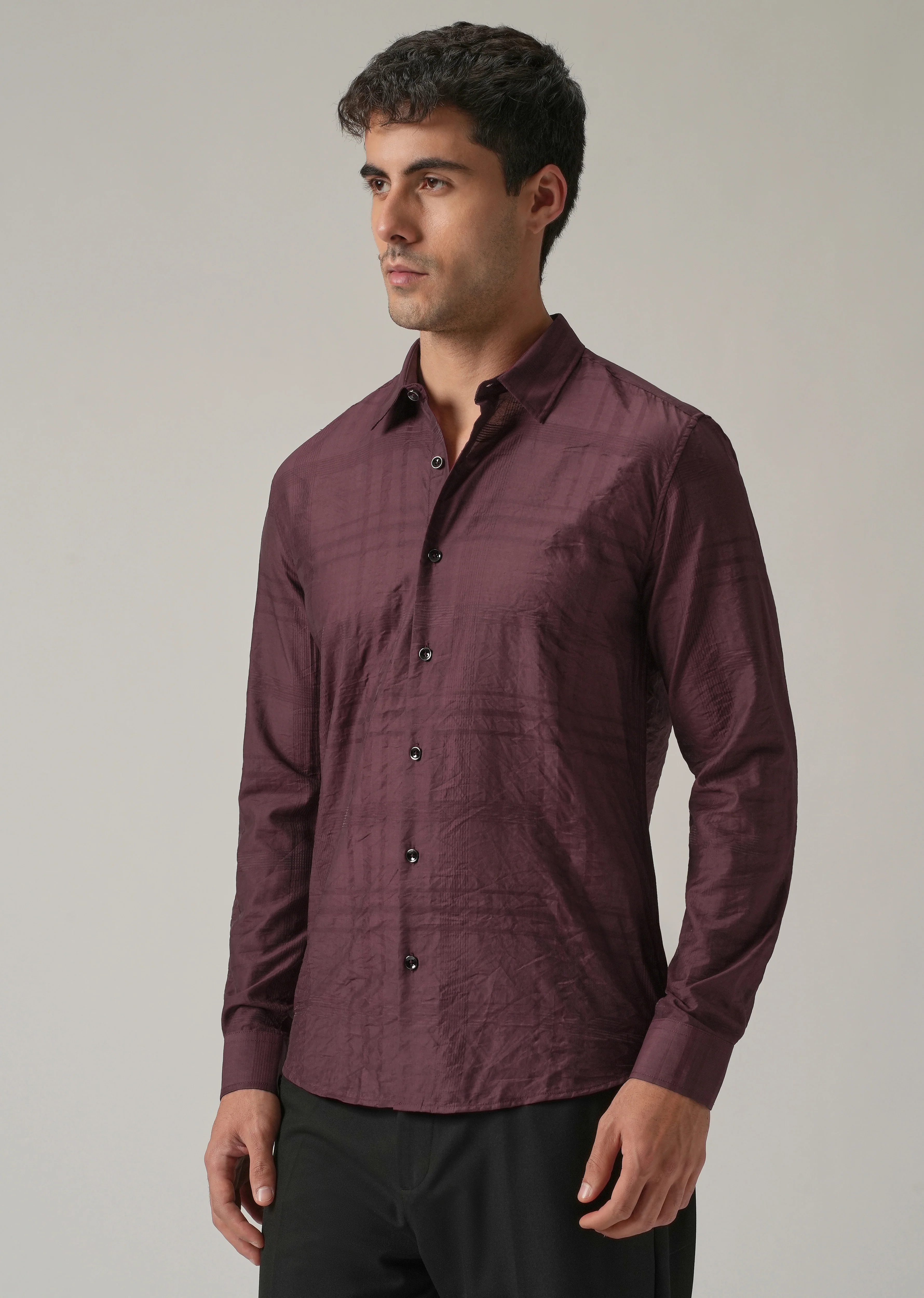 Wine Crinkled Self Stripe Shirt - Image 4