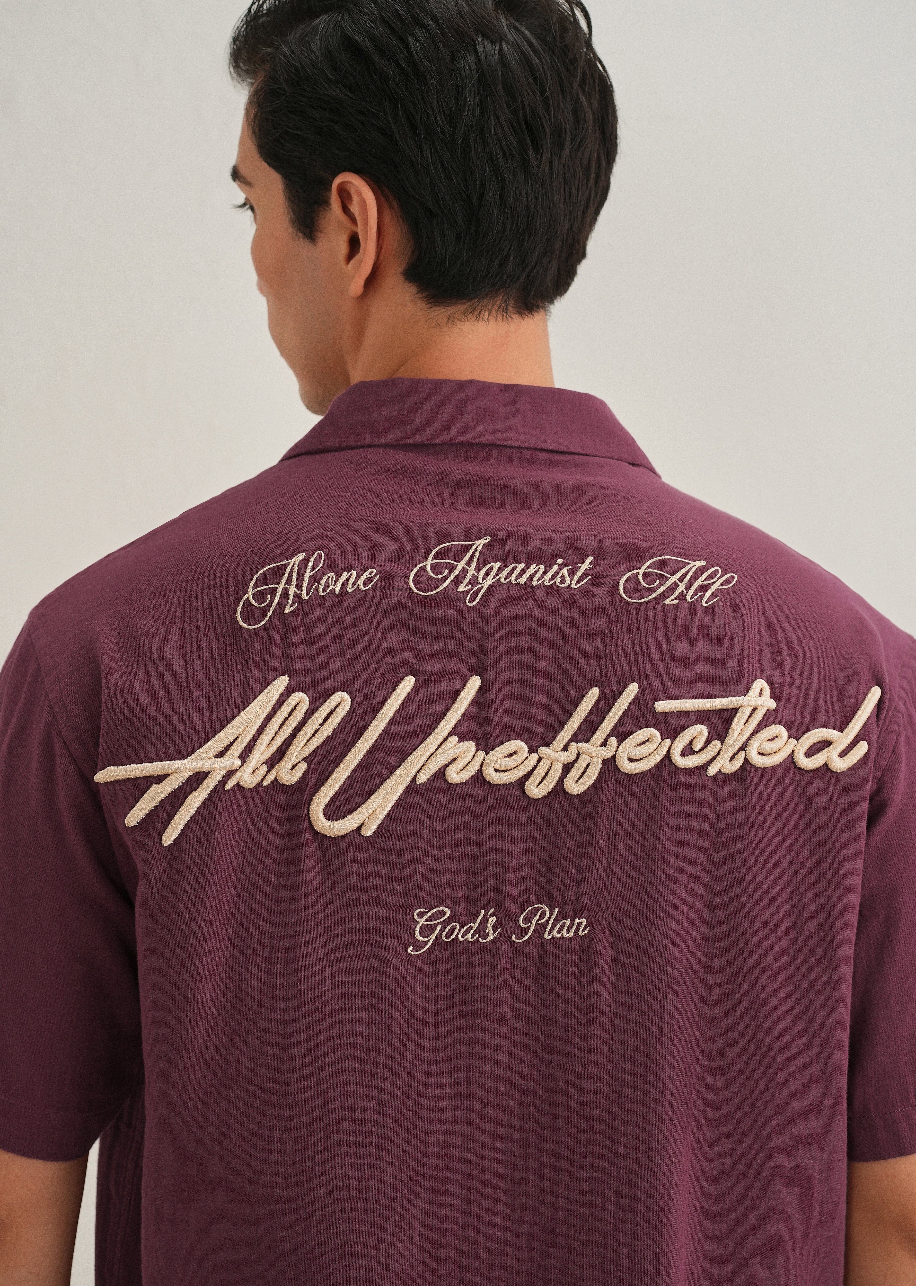 Wine Embroidered Double Cloth Cotton Shirt - Image 2