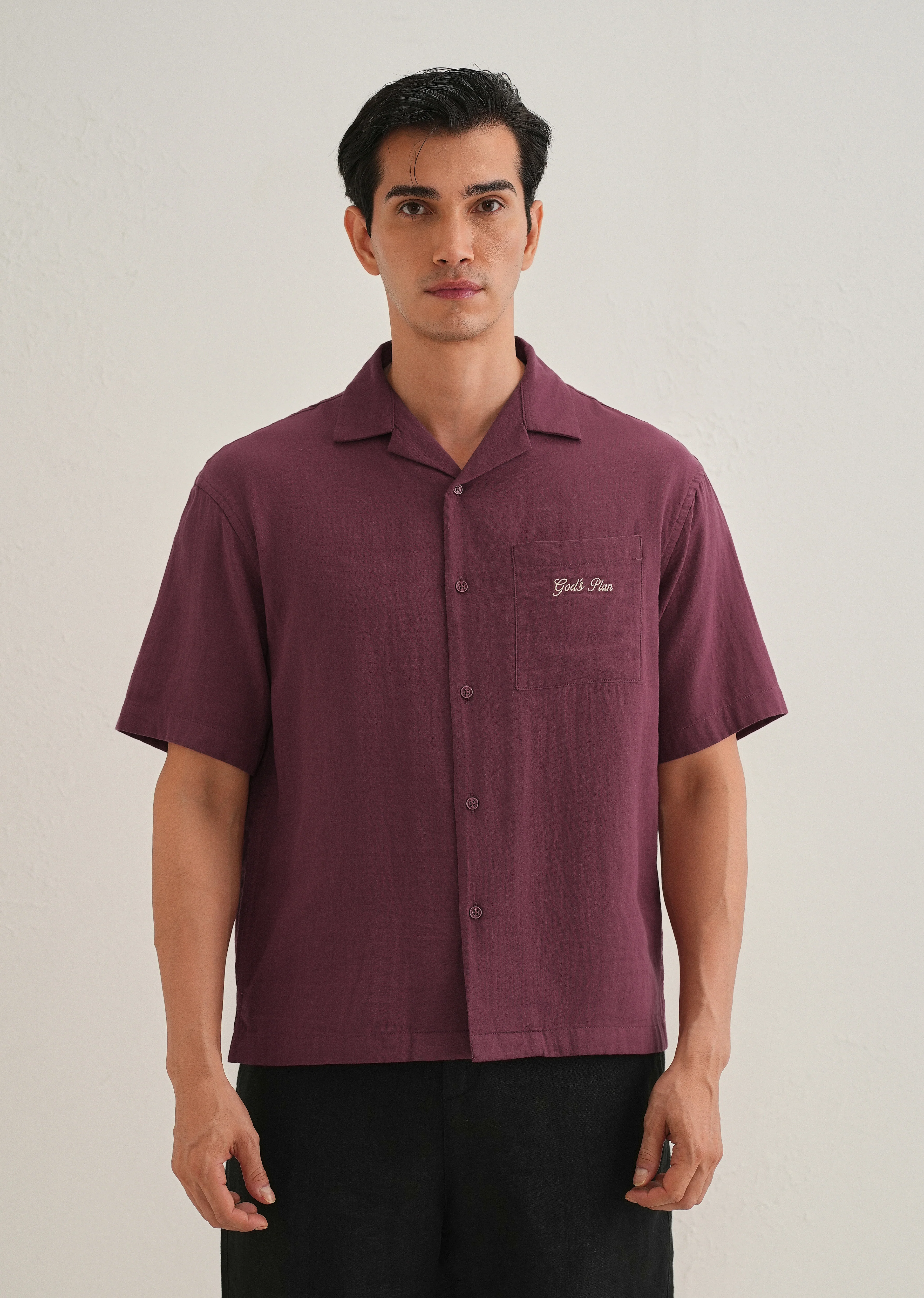 Wine Embroidered Double Cloth Cotton Shirt - Image 3