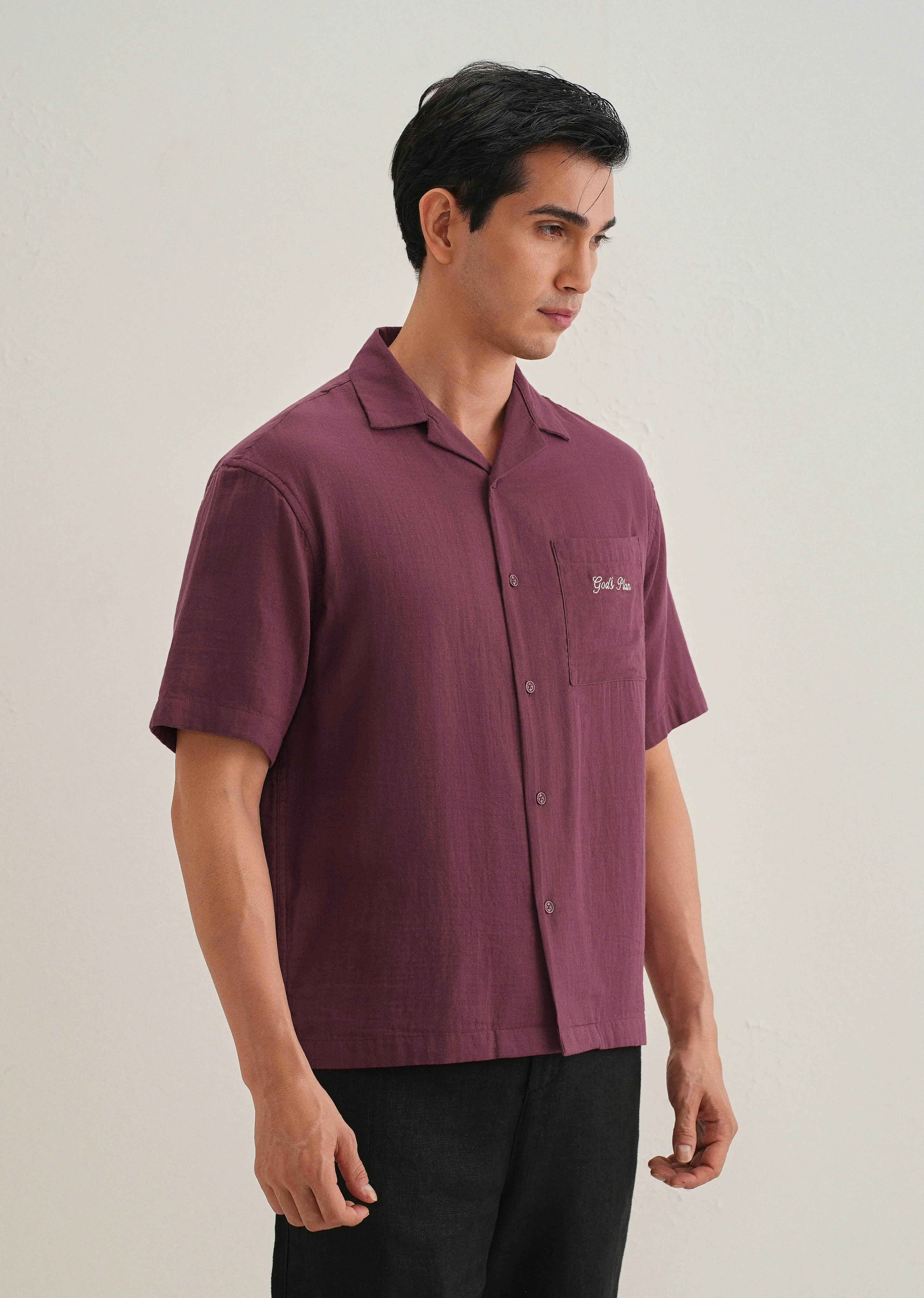 Wine Embroidered Double Cloth Cotton Shirt - Image 5
