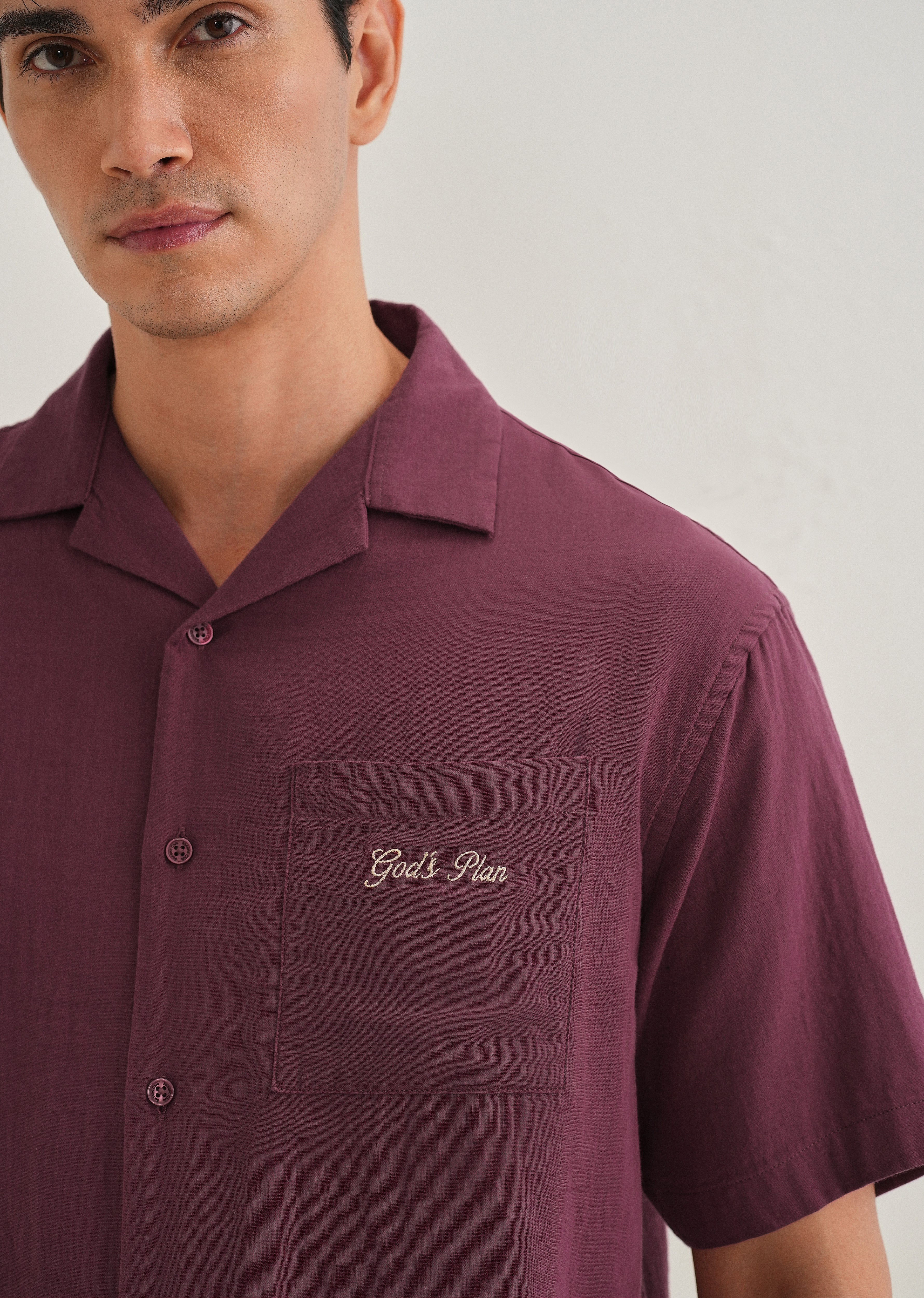 Wine Embroidered Double Cloth Cotton Shirt - Image 6