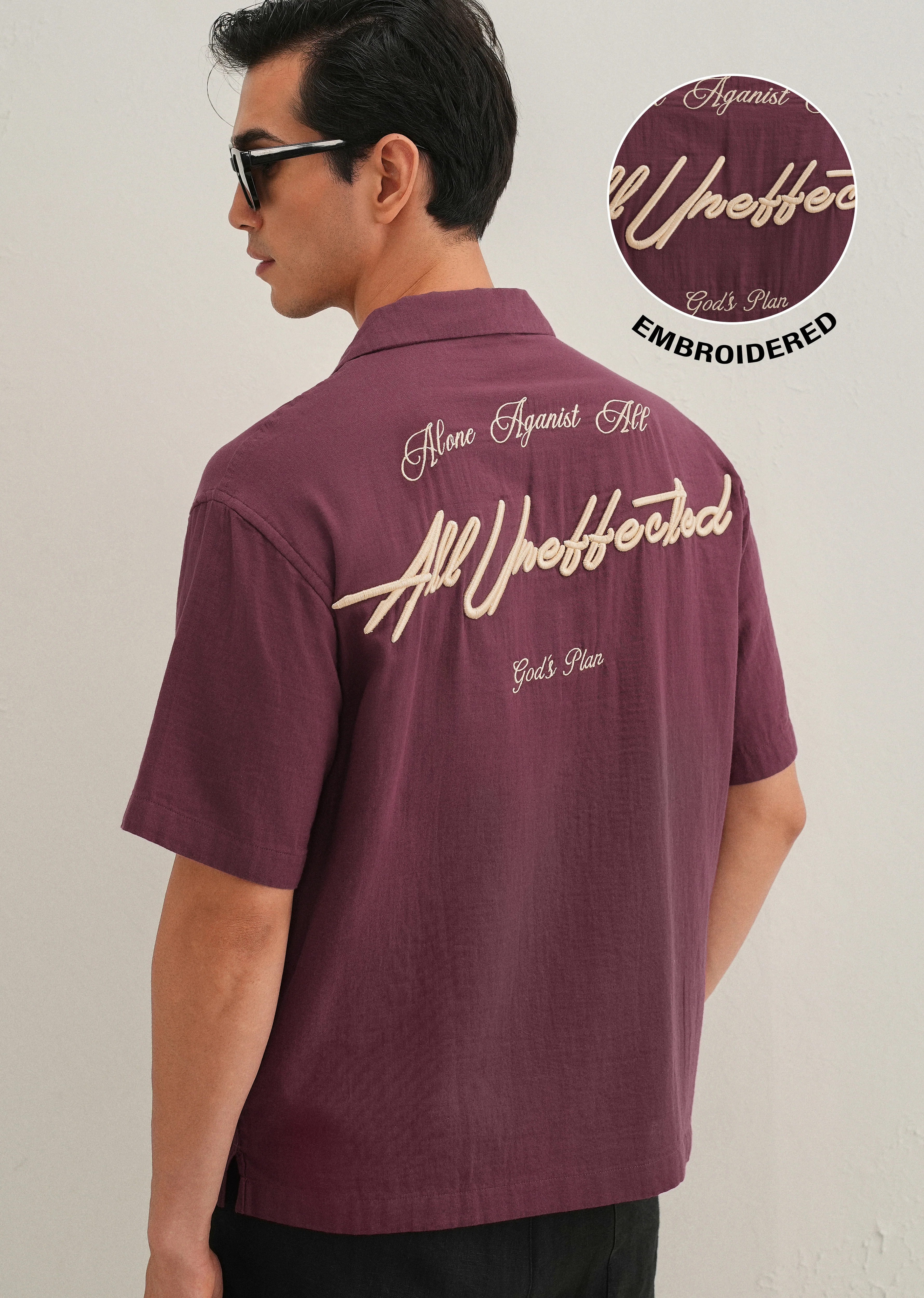 Wine Embroidered Double Cloth Cotton Shirt - Image 8