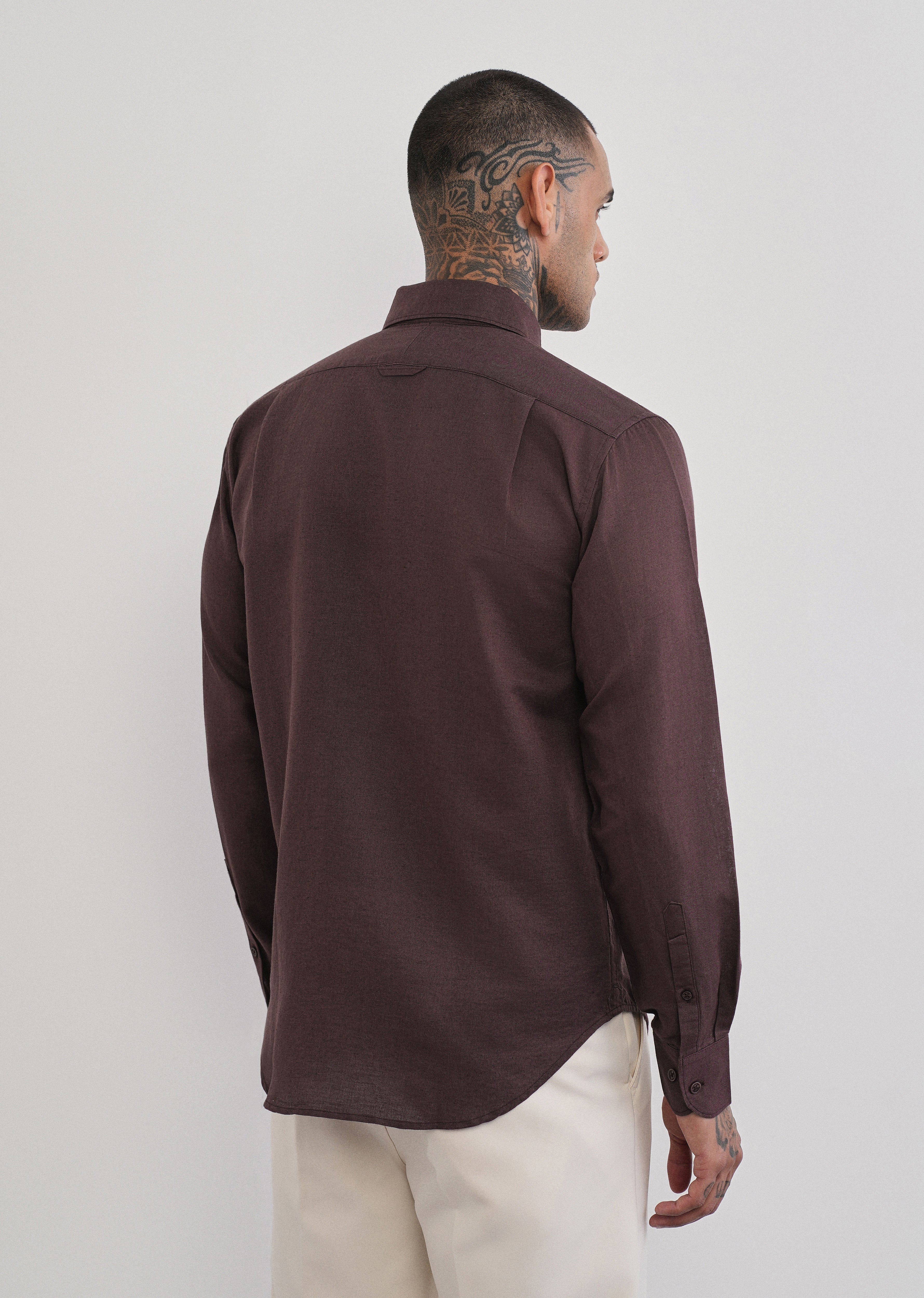 Wine Plain Cotton Linen Shirt - Image 2