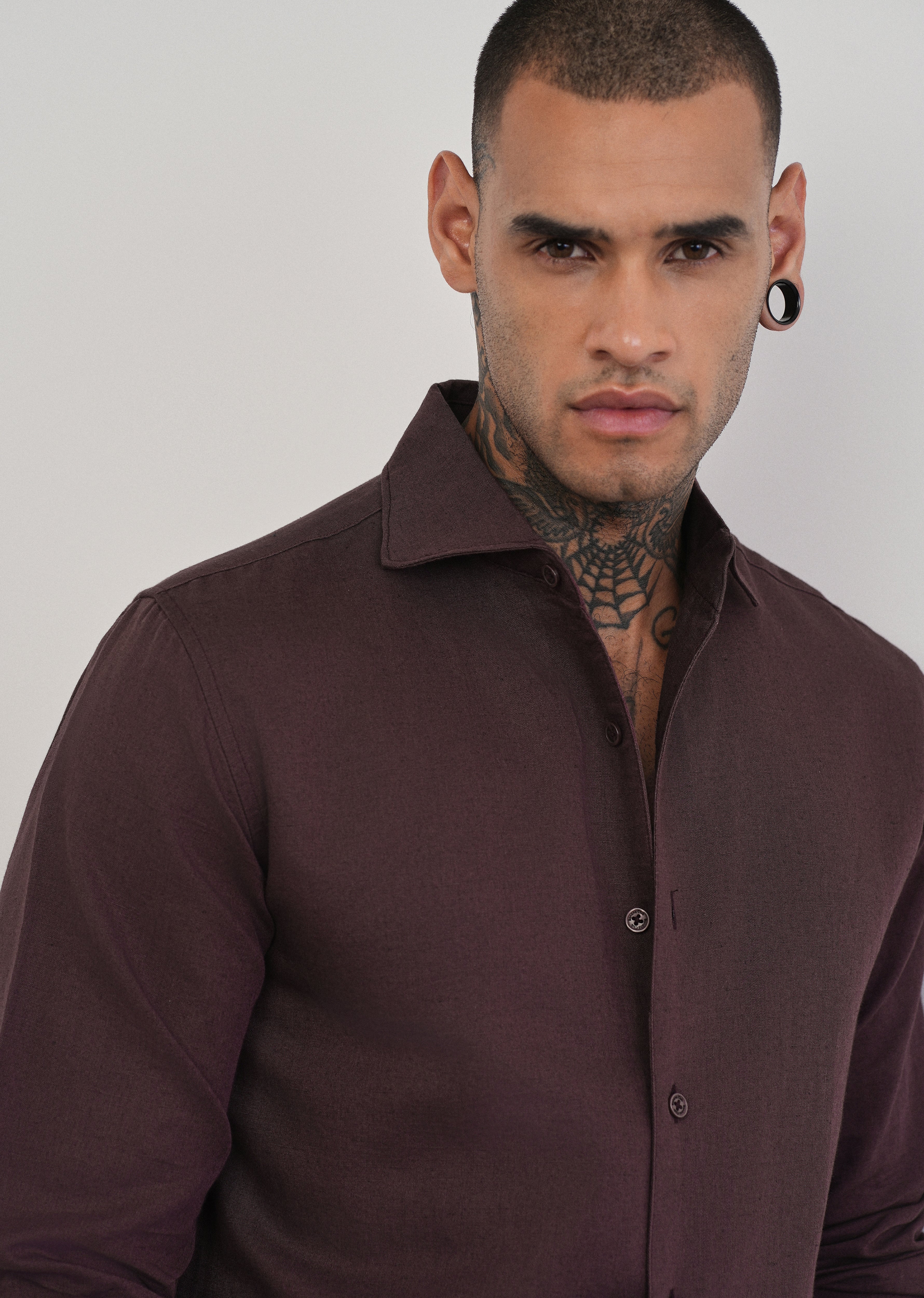 Wine Plain Cotton Linen Shirt - Image 5