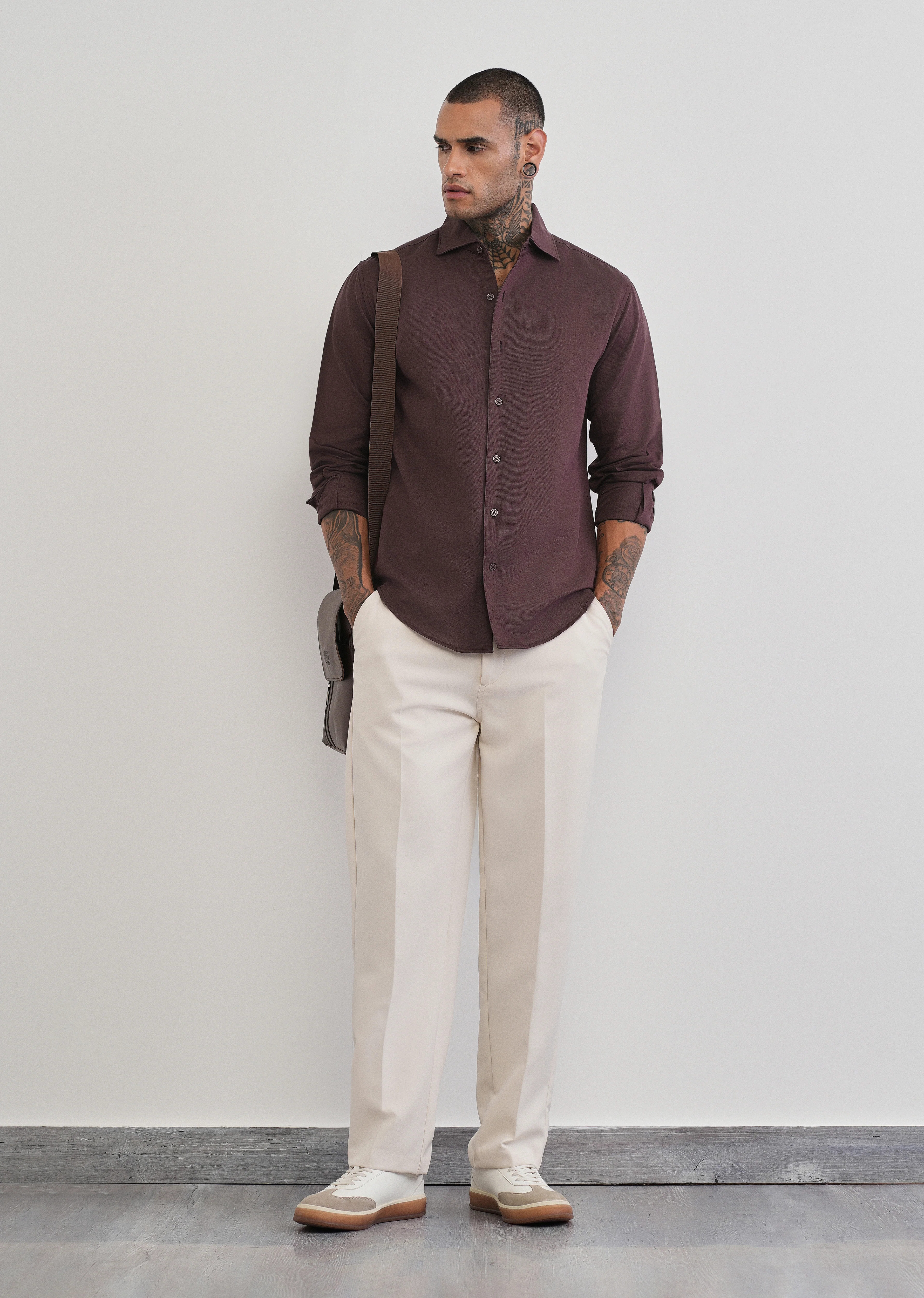 Wine Plain Cotton Linen Shirt - Image 6